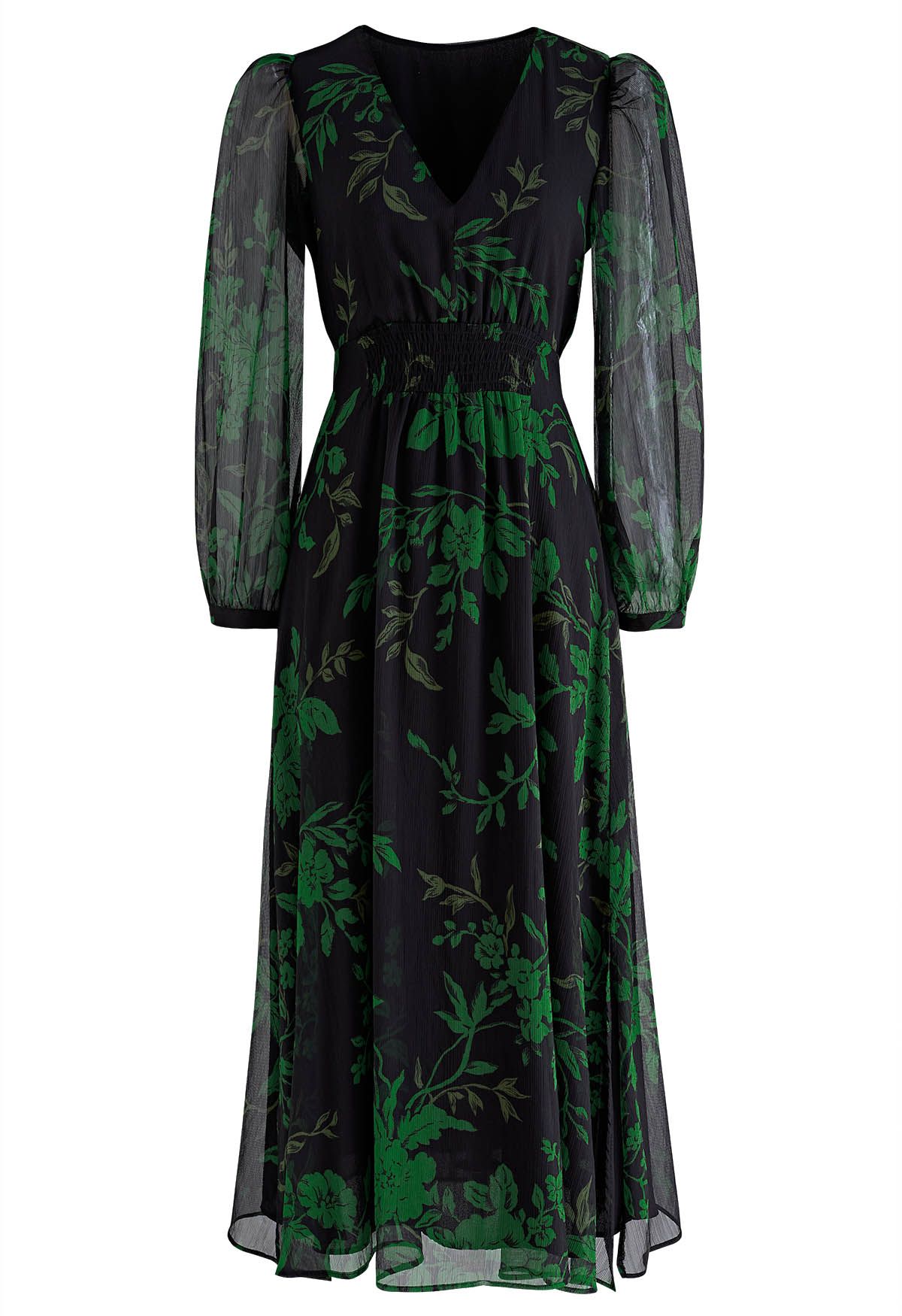 Botanical Print V-Neck Chiffon Dress