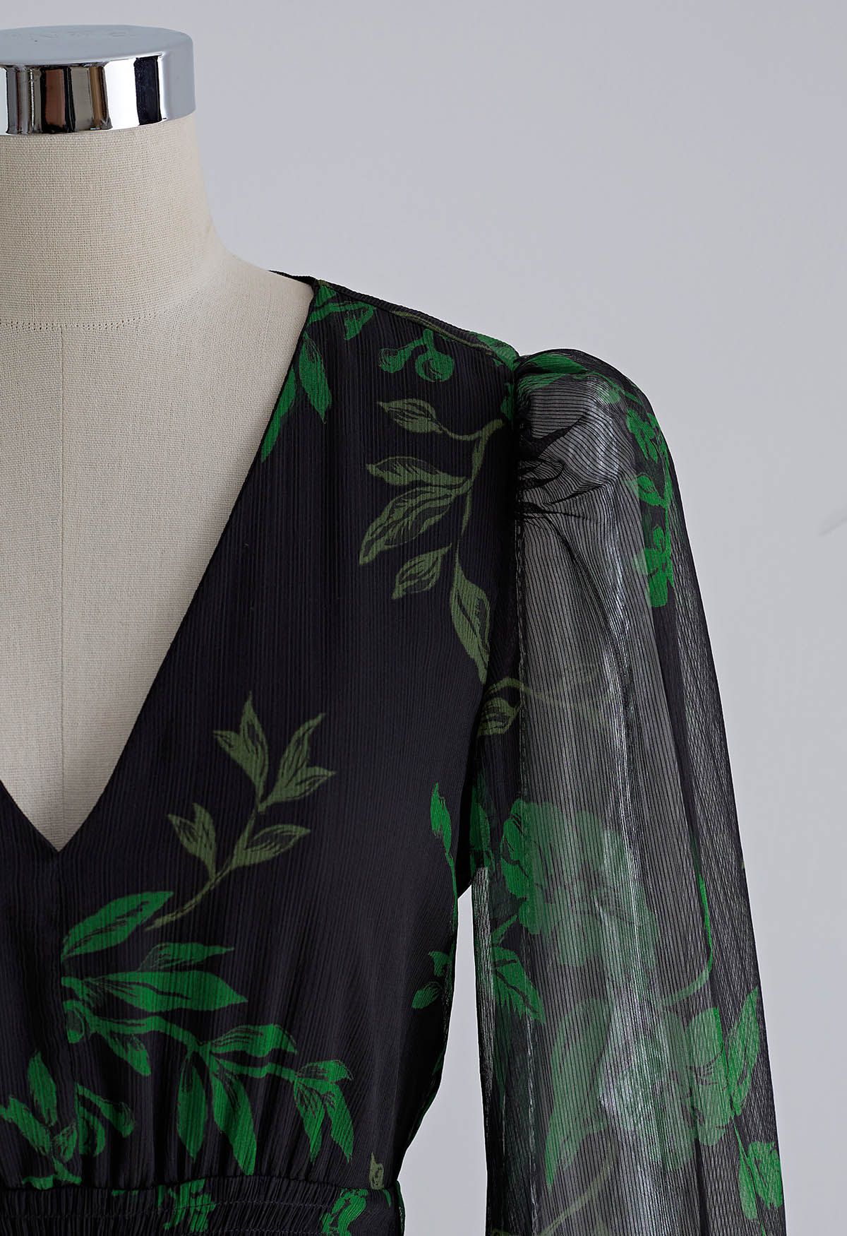 Botanical Print V-Neck Chiffon Dress