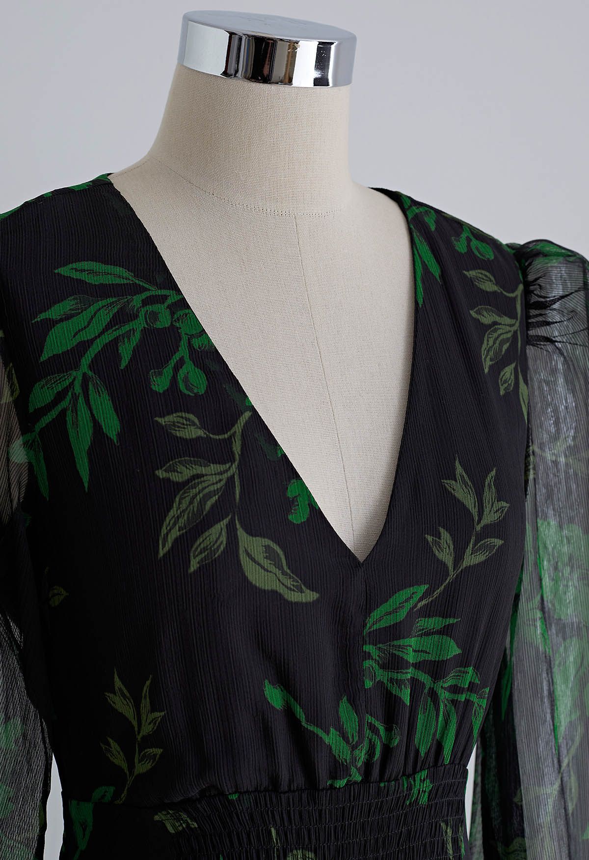 Botanical Print V-Neck Chiffon Dress