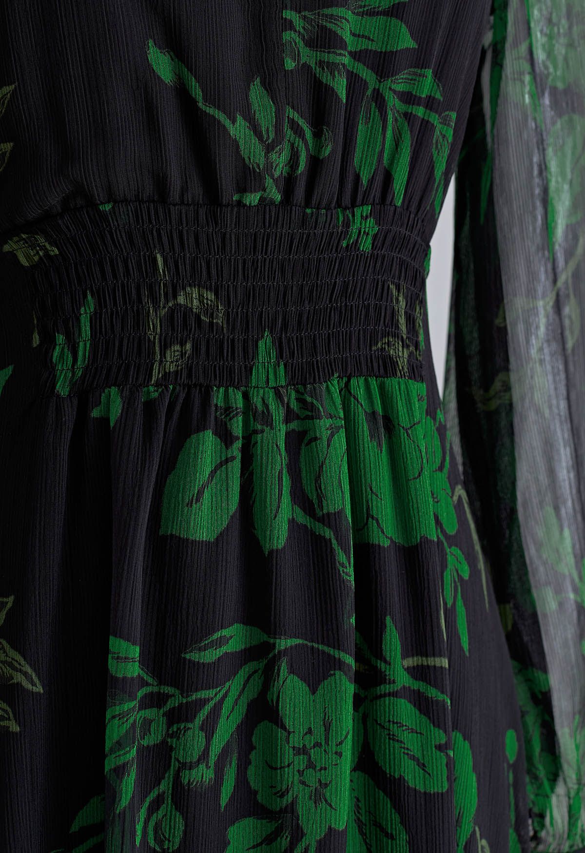 Botanical Print V-Neck Chiffon Dress