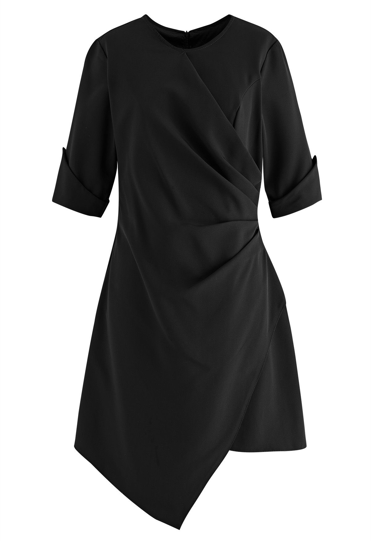 Side Pleated Wrap Asymmetric Dress in Black