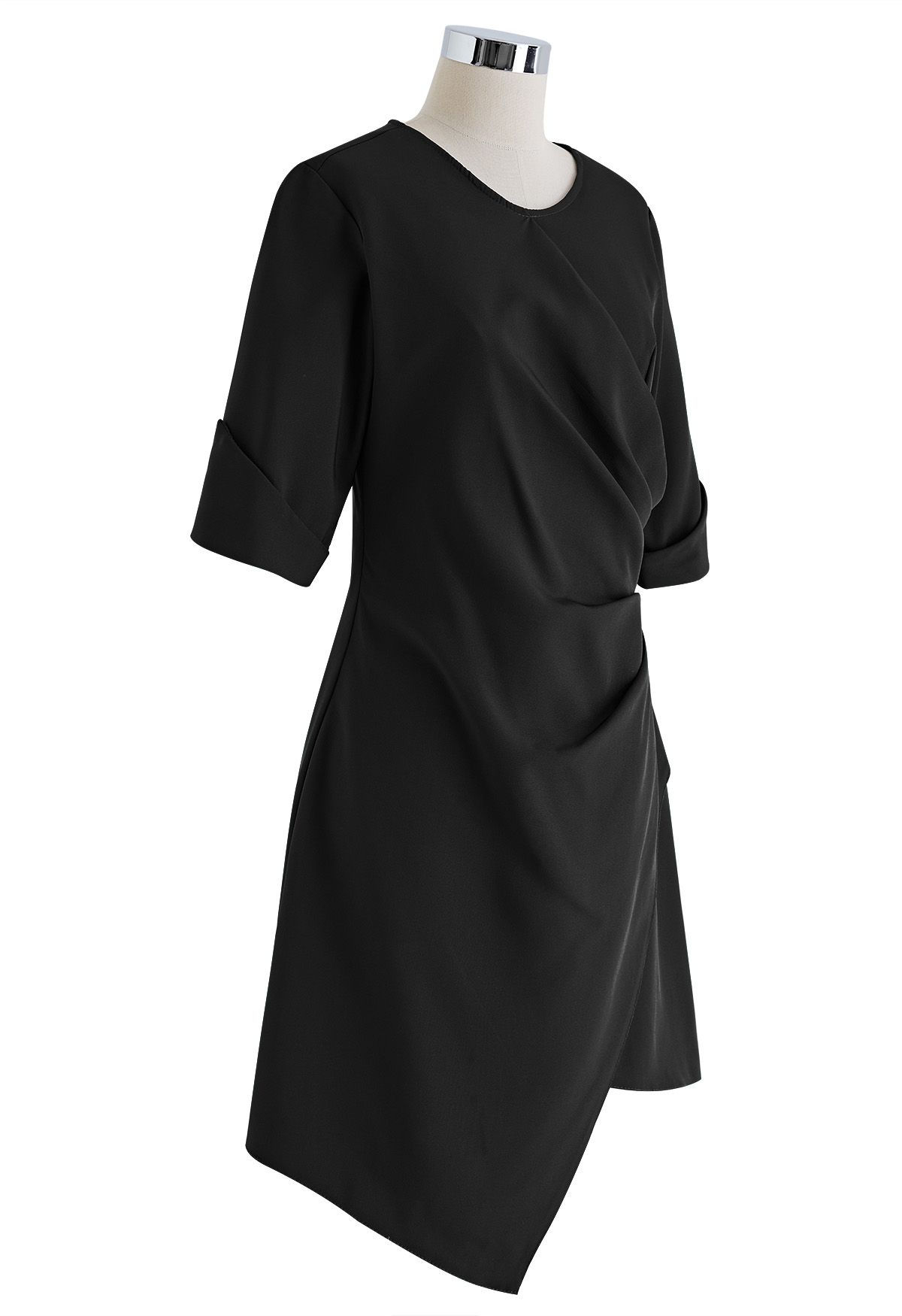 Side Pleated Wrap Asymmetric Dress in Black