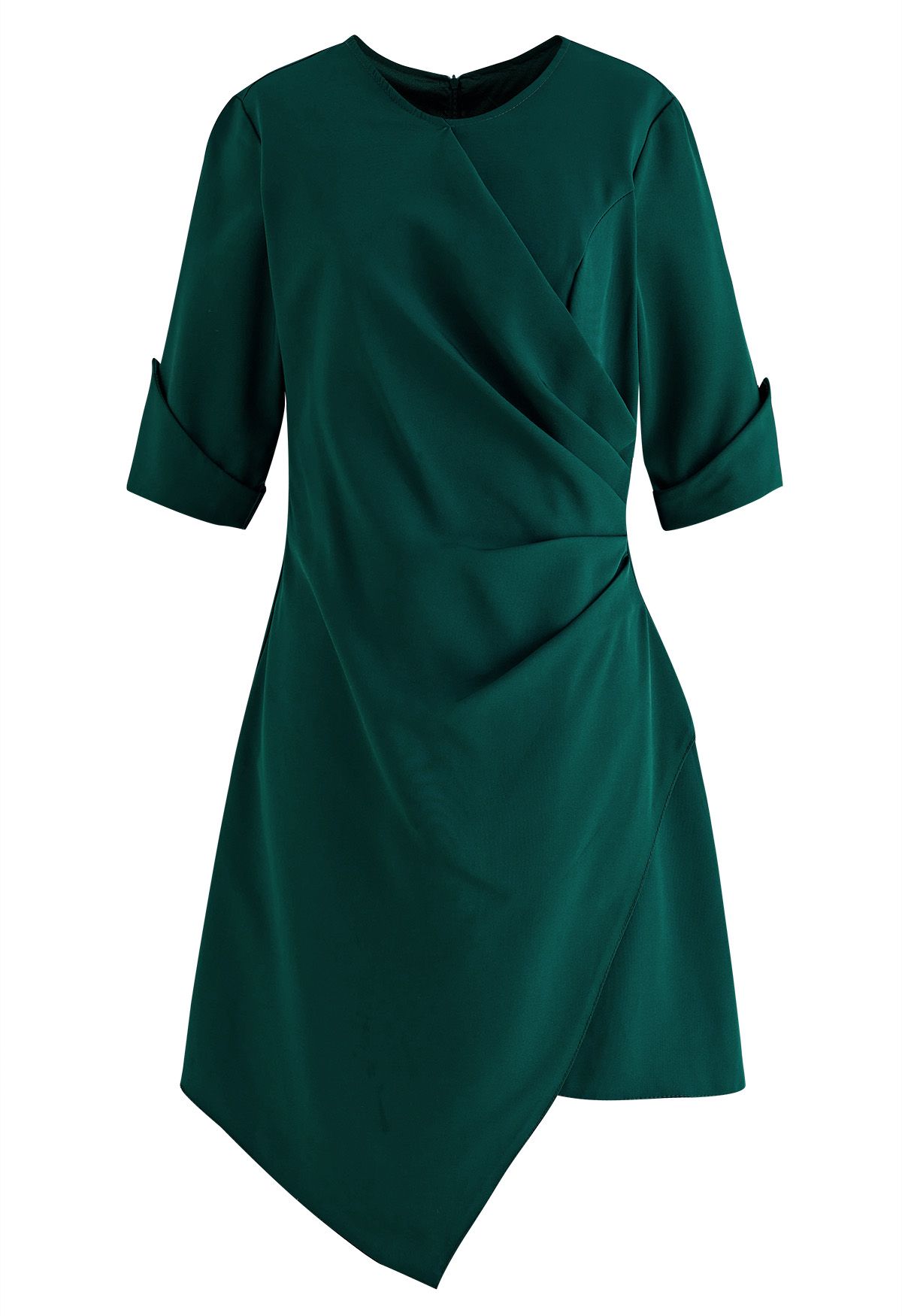 Side Pleated Wrap Asymmetric Dress in Green