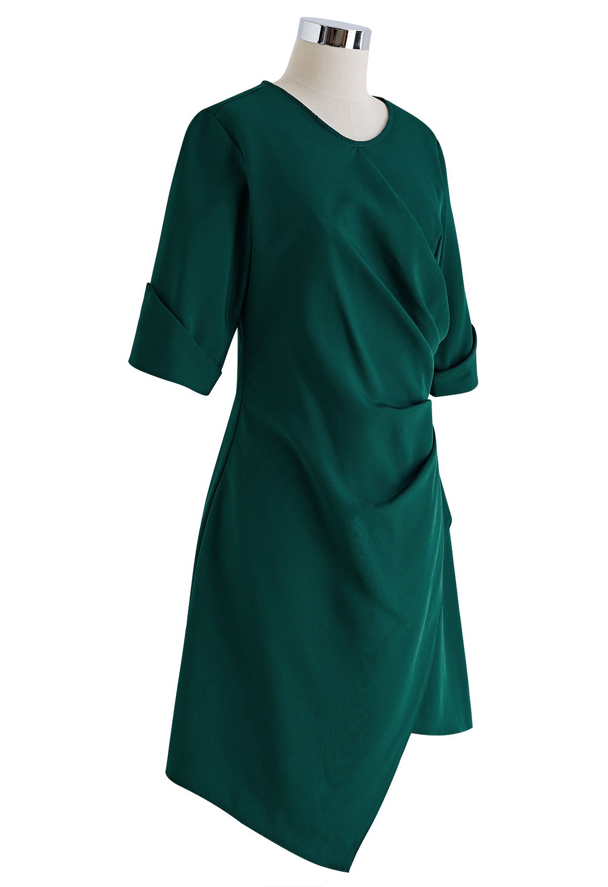 Side Pleated Wrap Asymmetric Dress in Green