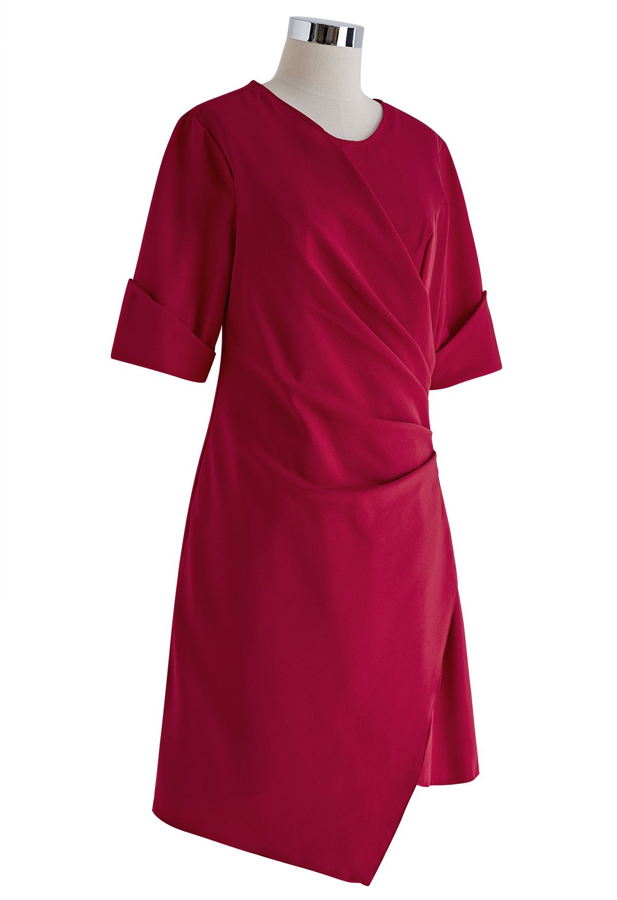 Side Pleated Wrap Asymmetric Dress in Red