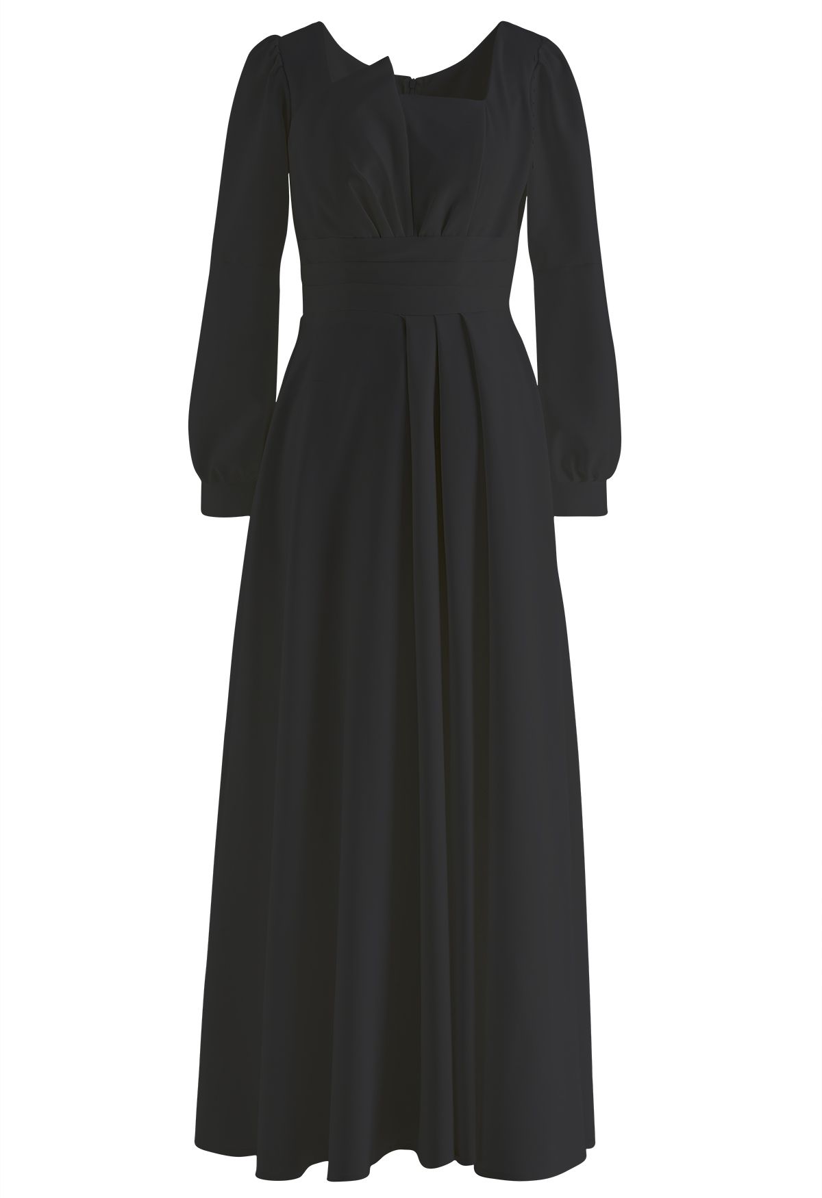 Square Neck Pleated Detailing Maxi Dress in Black