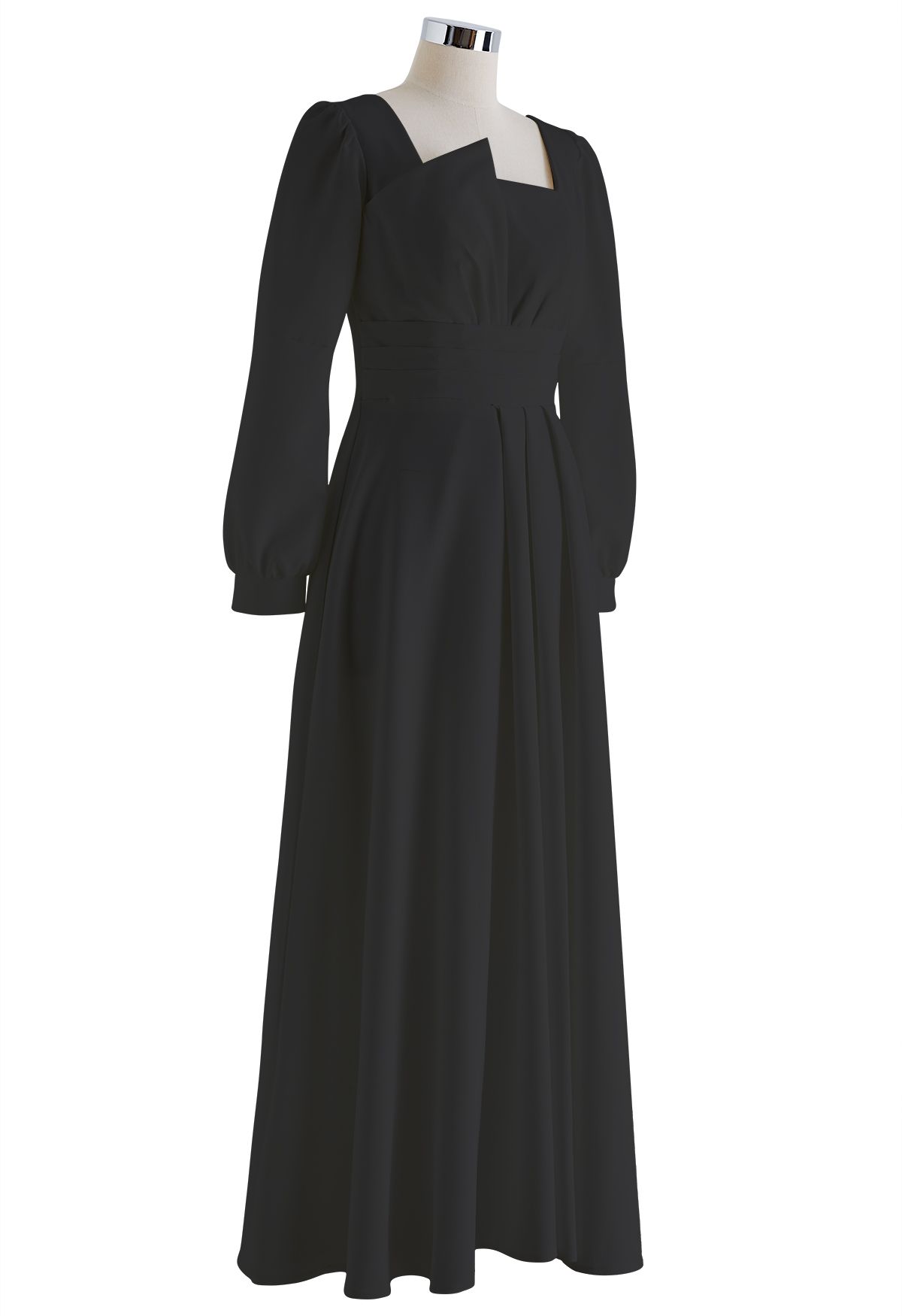 Square Neck Pleated Detailing Maxi Dress in Black