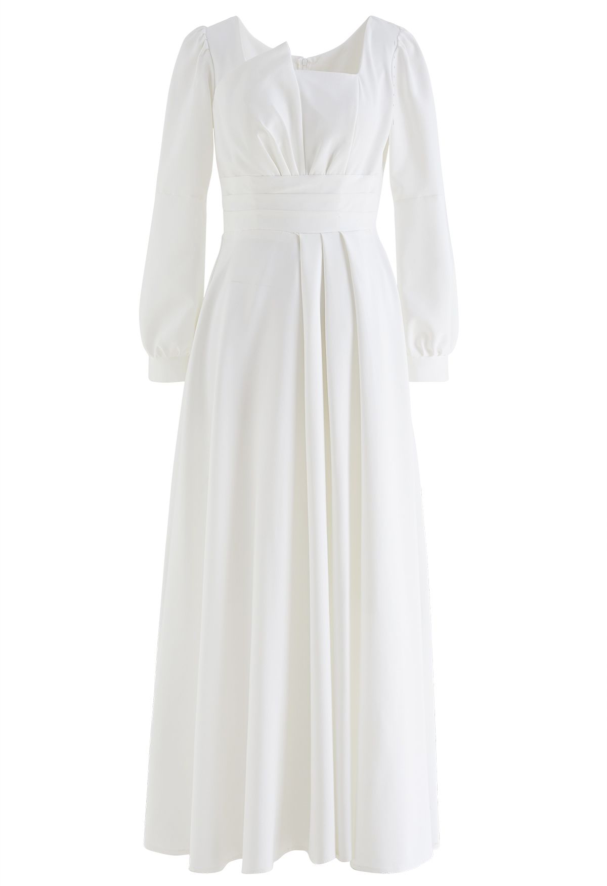 Square Neck Pleated Detailing Maxi Dress in White