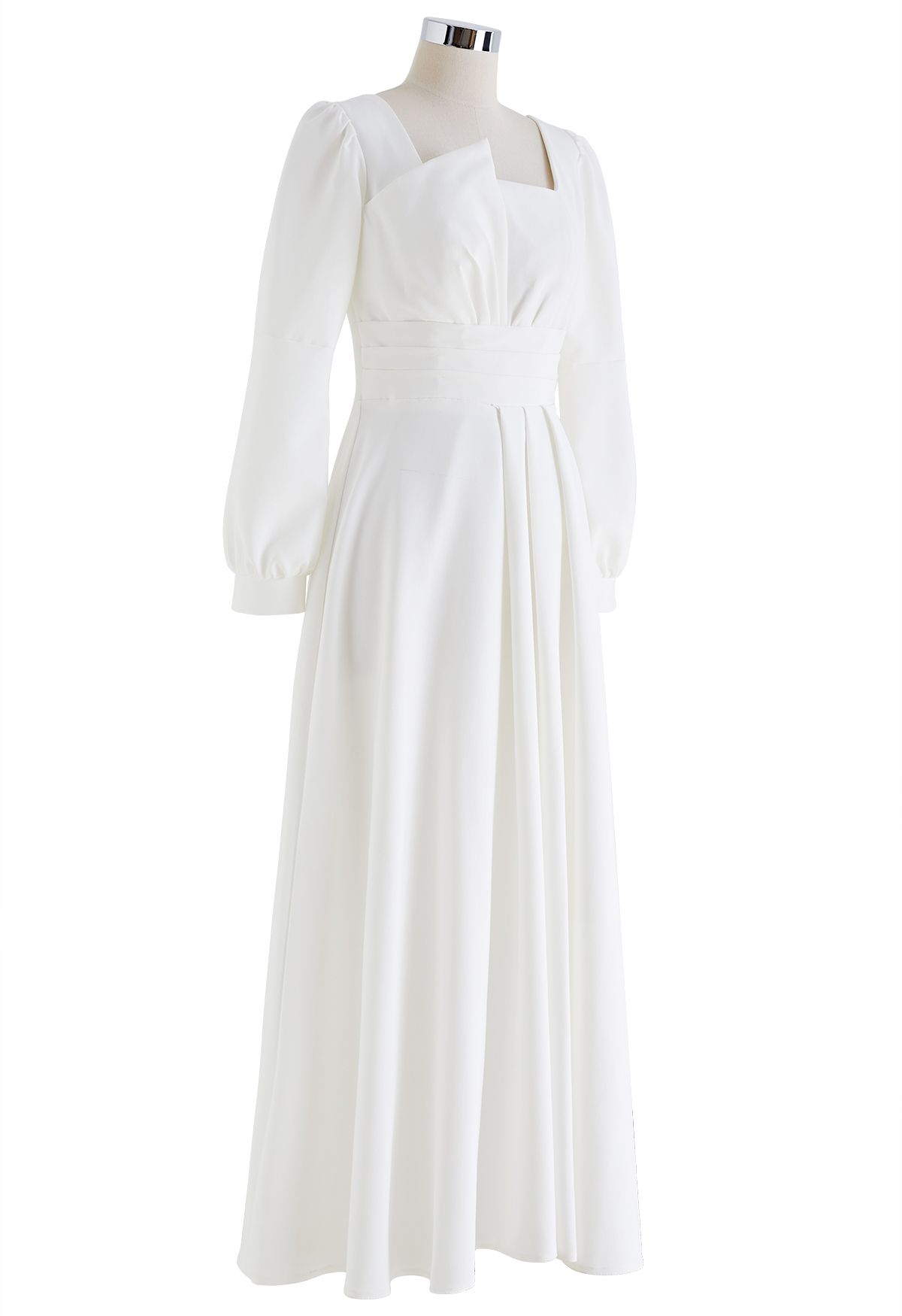 Square Neck Pleated Detailing Maxi Dress in White