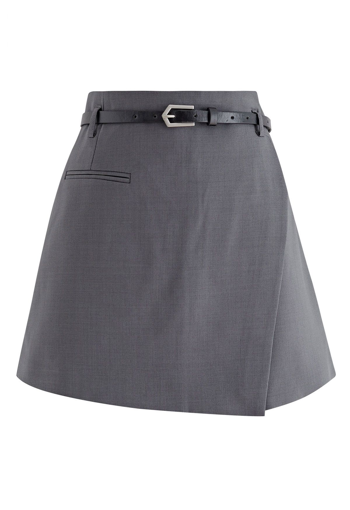 Irregular Cut Line Flap Belted Skorts in Grey