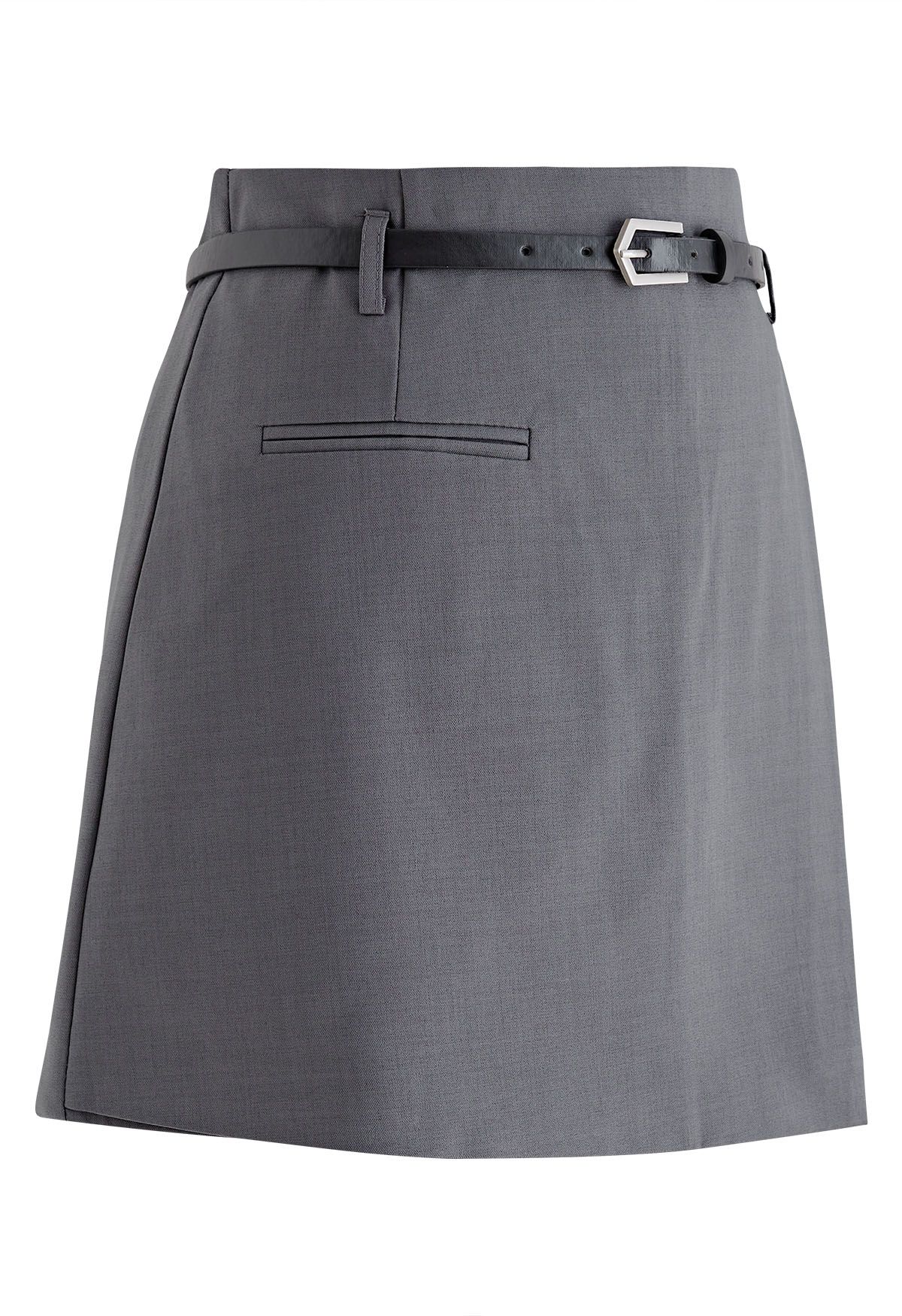 Irregular Cut Line Flap Belted Skorts in Grey