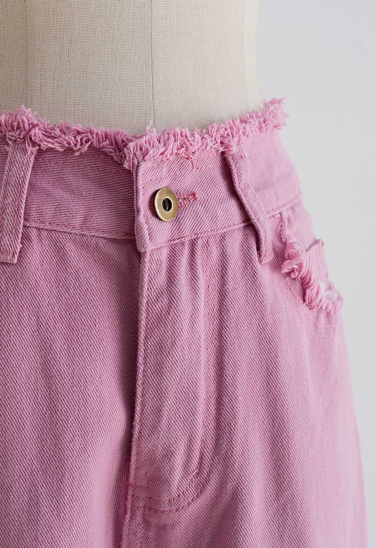 Frayed Edge Straight-Leg Jeans in Pink