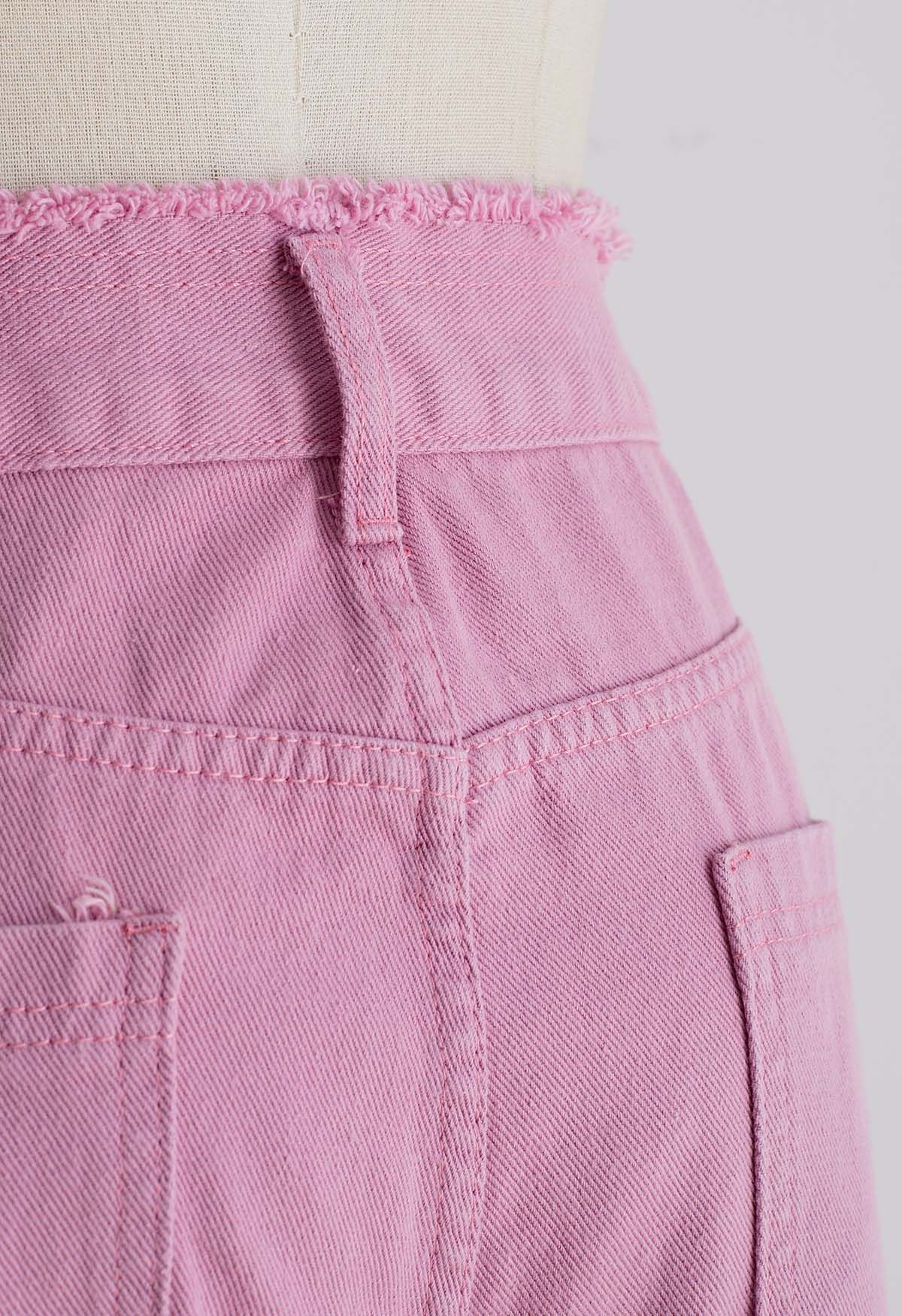 Frayed Edge Straight-Leg Jeans in Pink