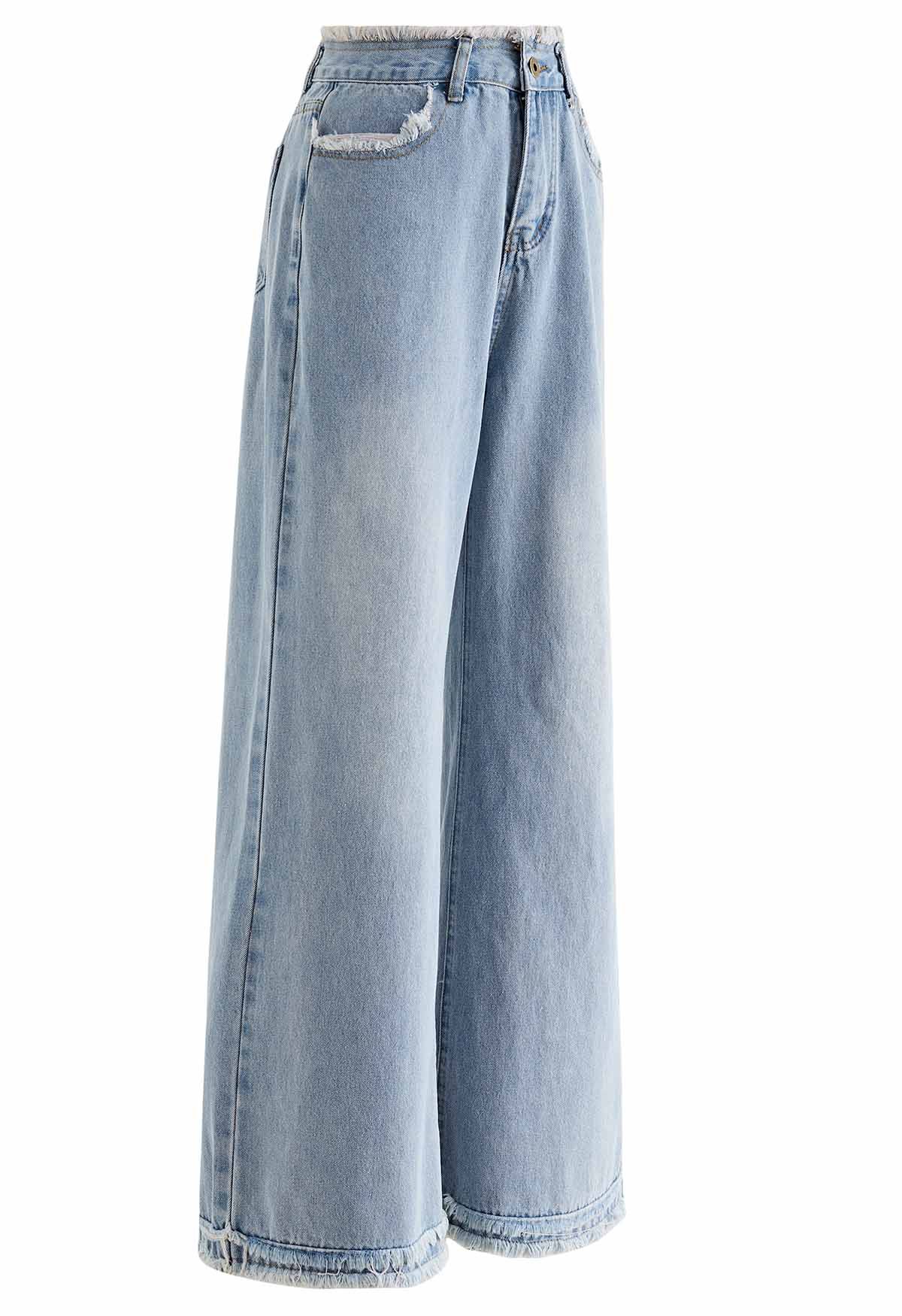 Frayed Edge Straight-Leg Jeans in Blue