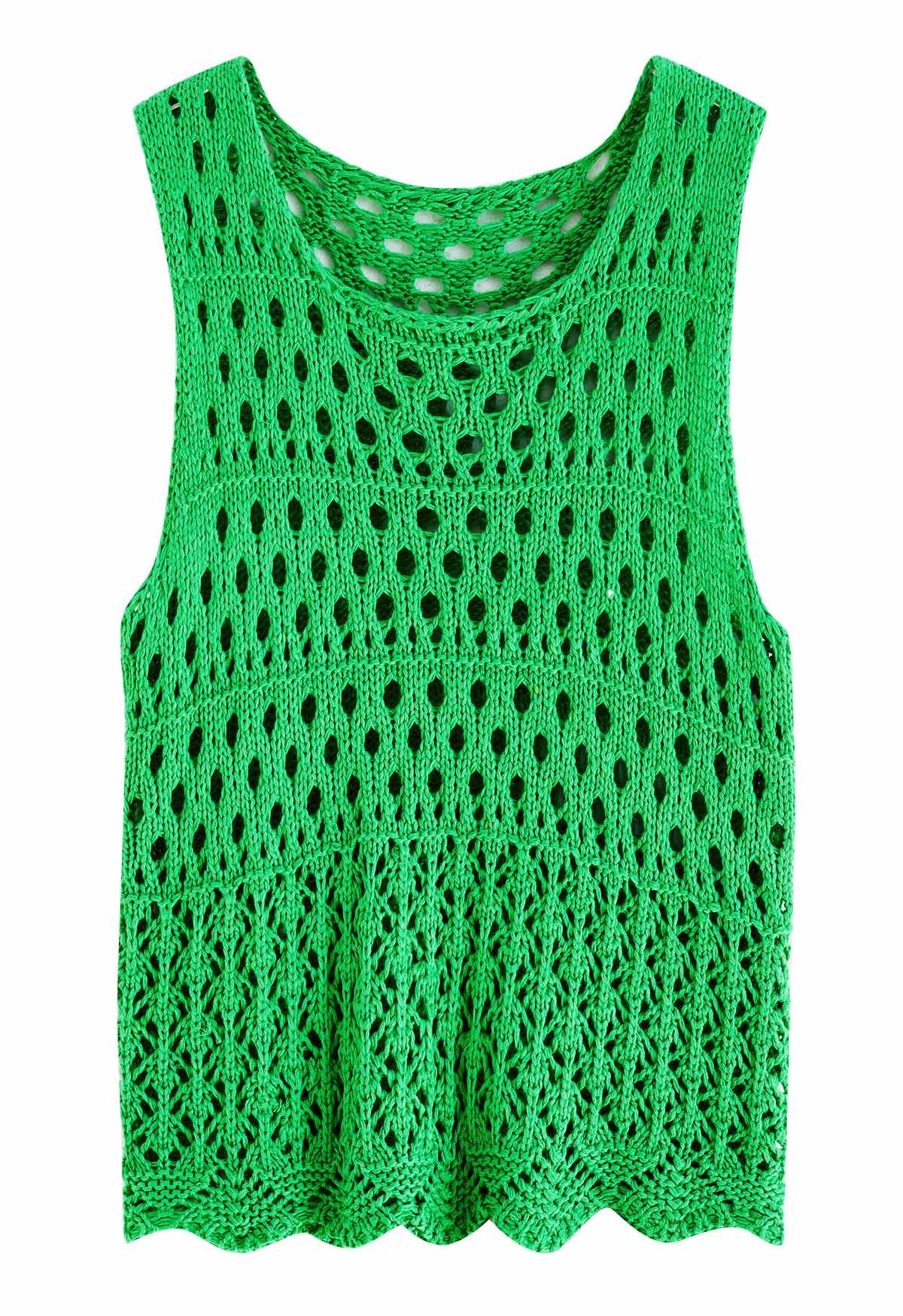 Openwork Knit Sleeveless Top in Green