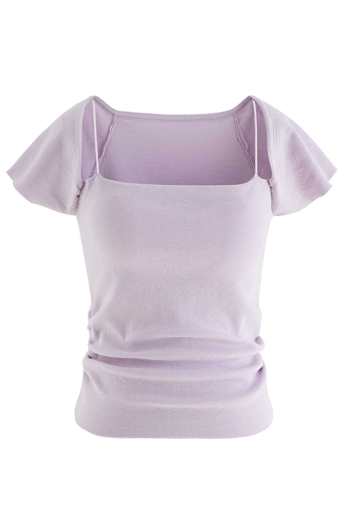 Side Ruched Square Neck Knit Top in Lilac