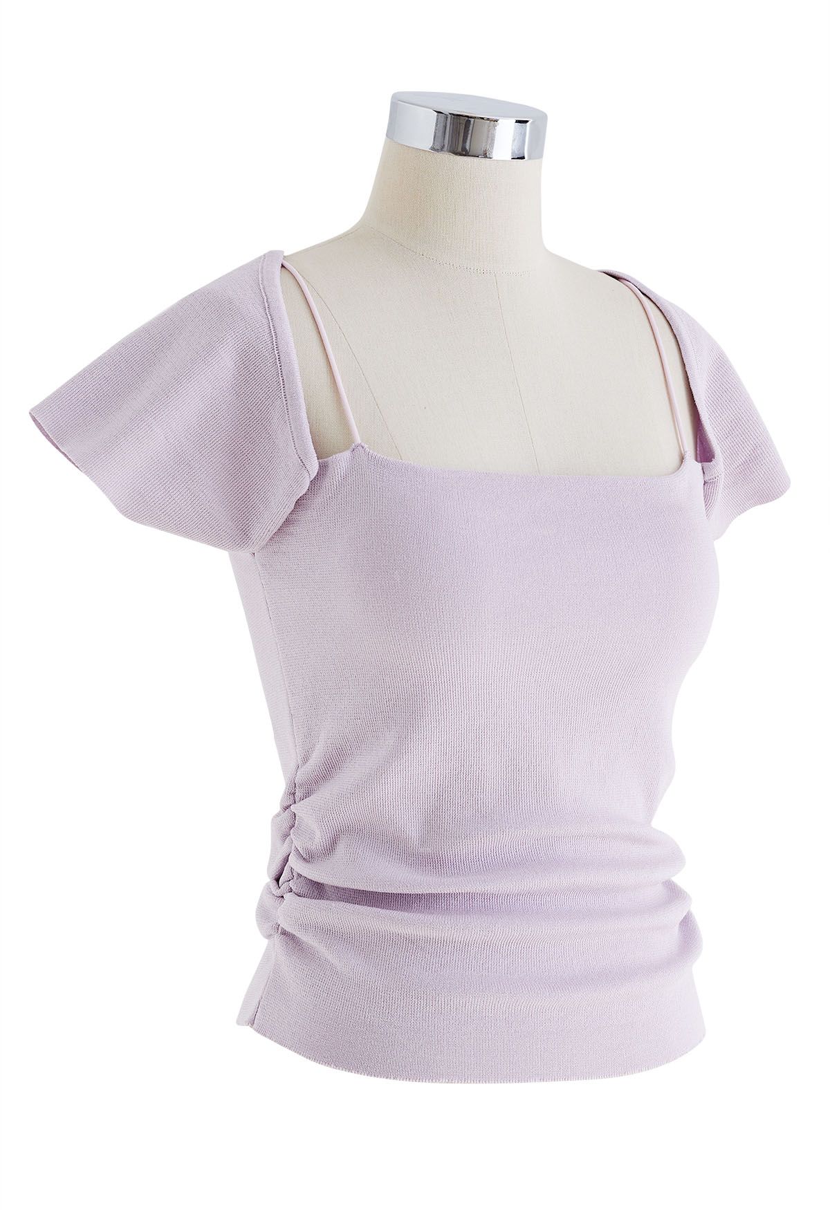 Side Ruched Square Neck Knit Top in Lilac