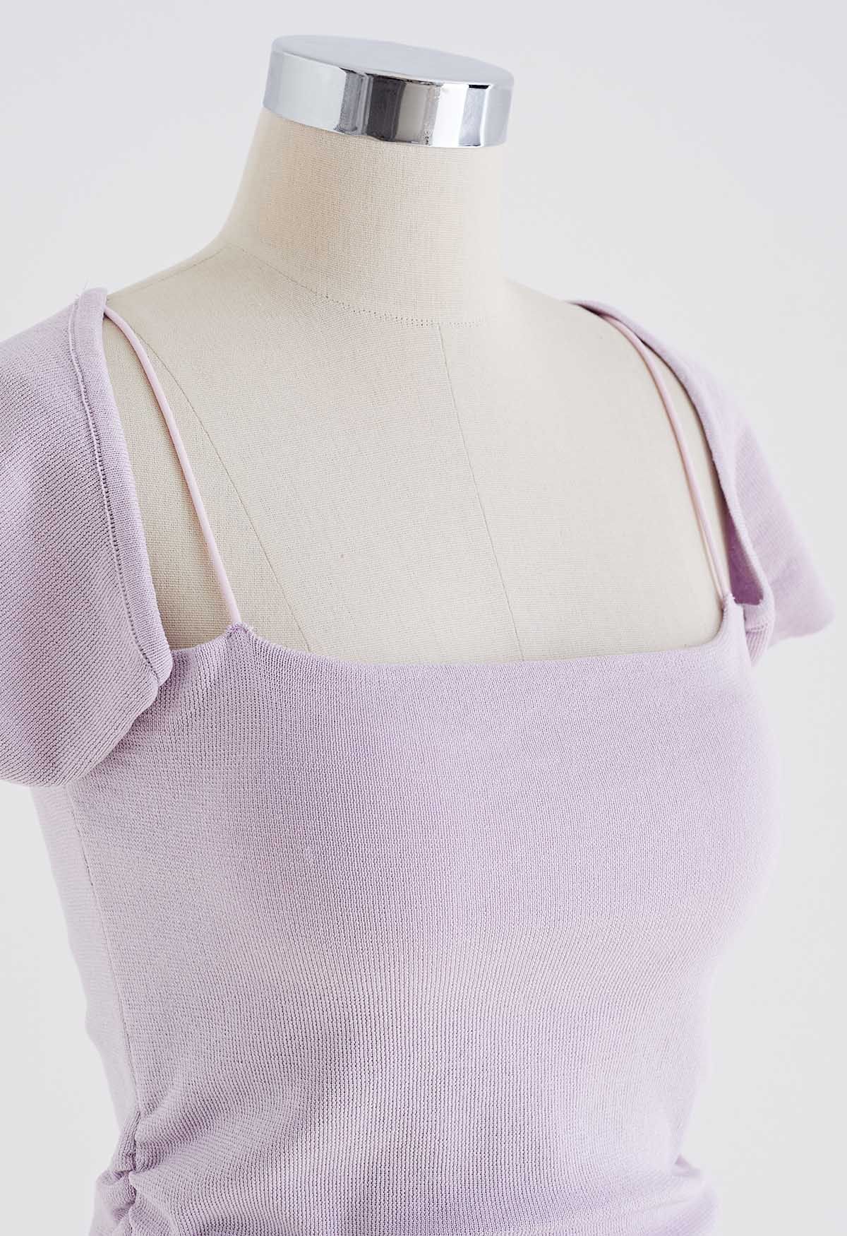 Side Ruched Square Neck Knit Top in Lilac