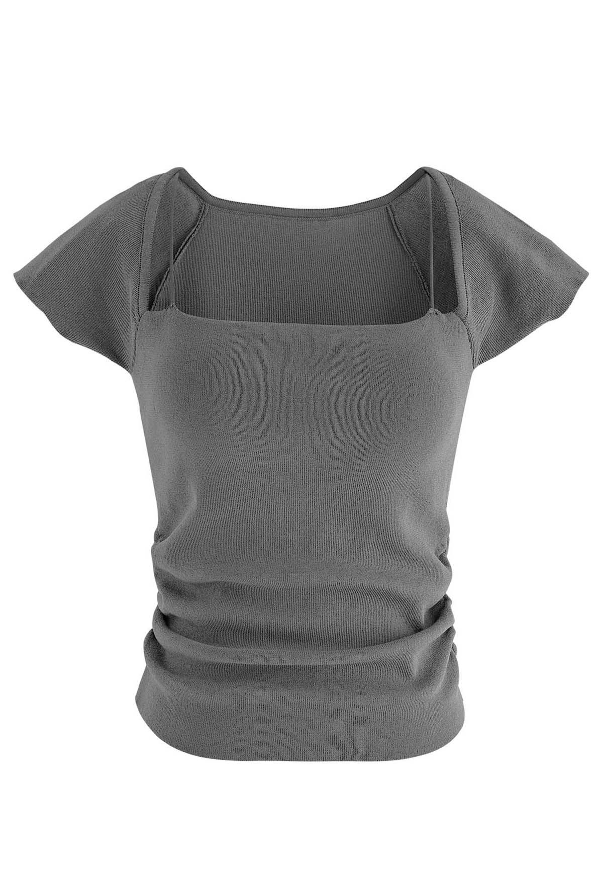 Side Ruched Square Neck Knit Top in Grey