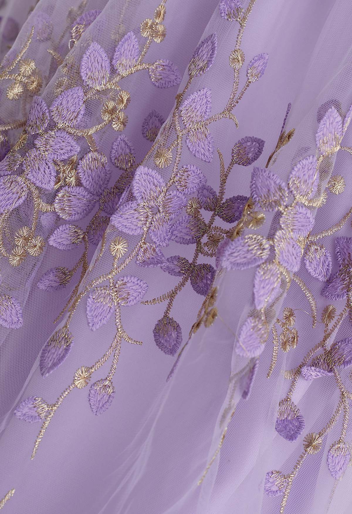 3D Vine Embroidered Mesh Tulle Skirt in Lilac
