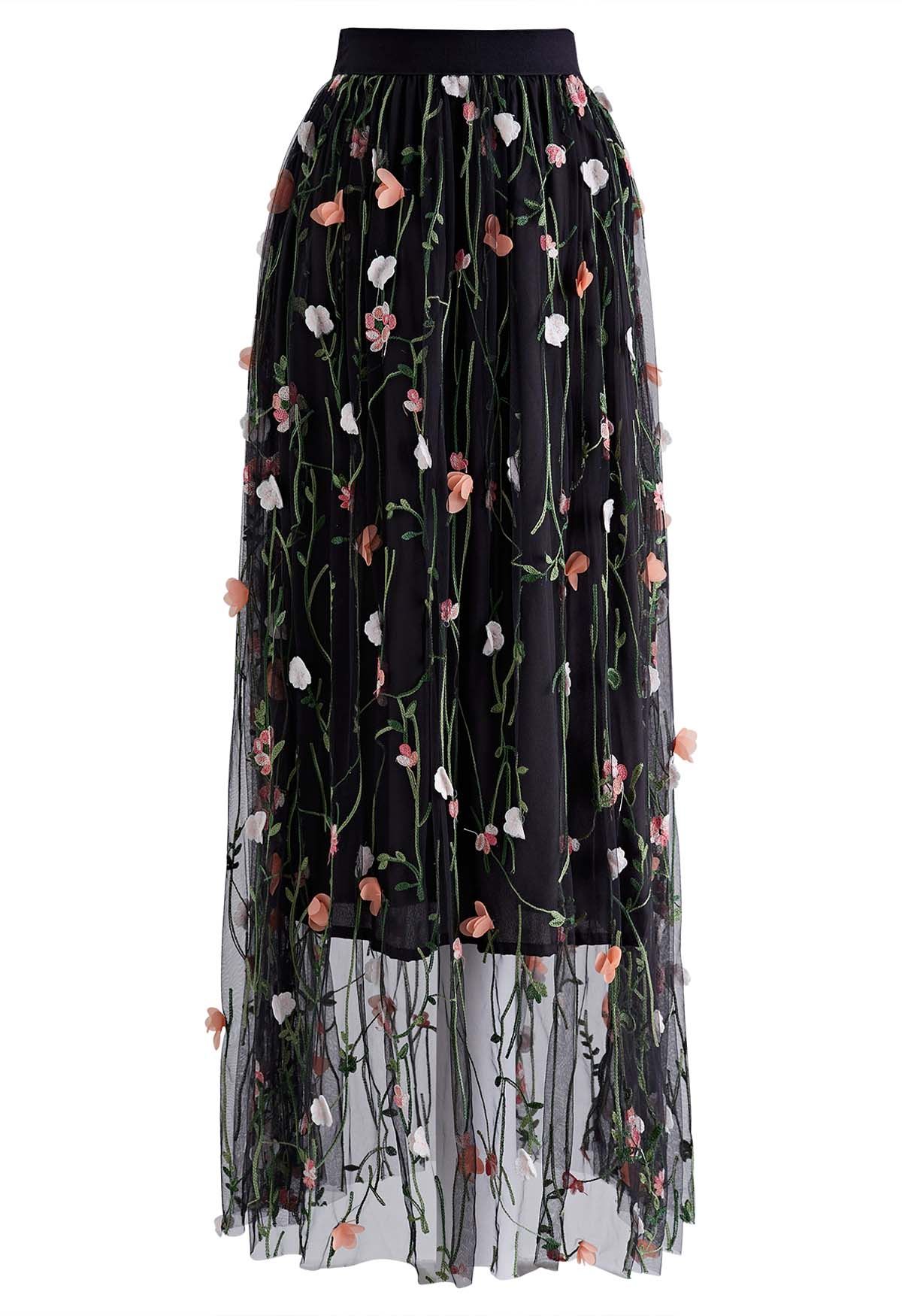 Spring Garden Mesh Maxi Skirt in Black