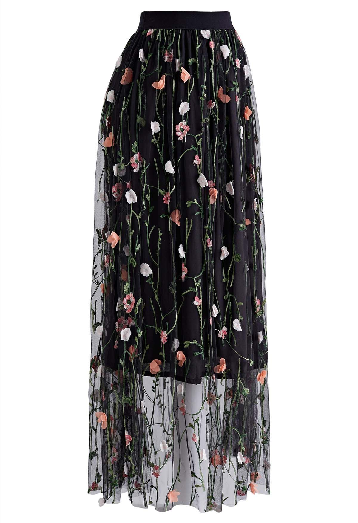 Spring Garden Mesh Maxi Skirt in Black