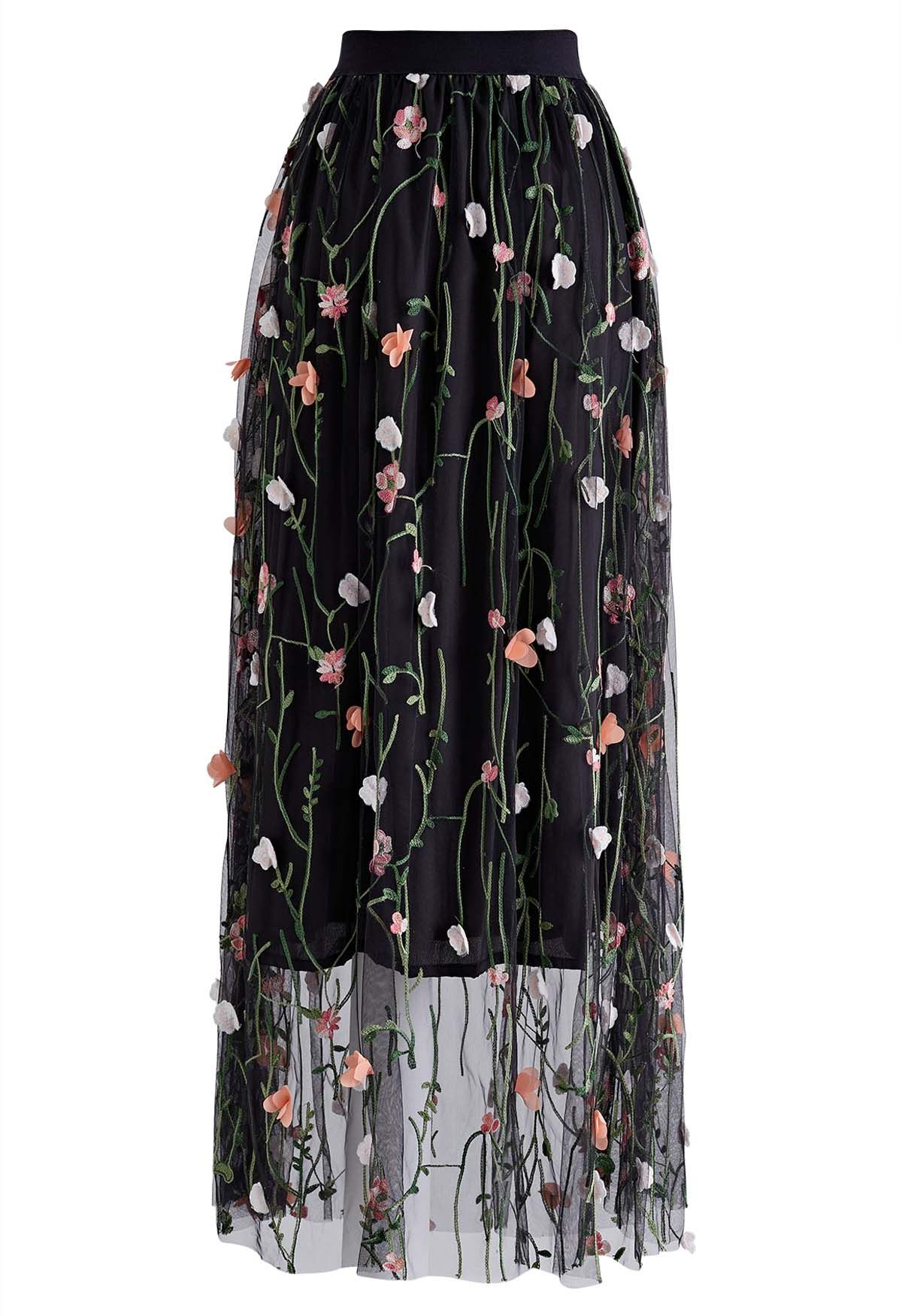 Spring Garden Mesh Maxi Skirt in Black