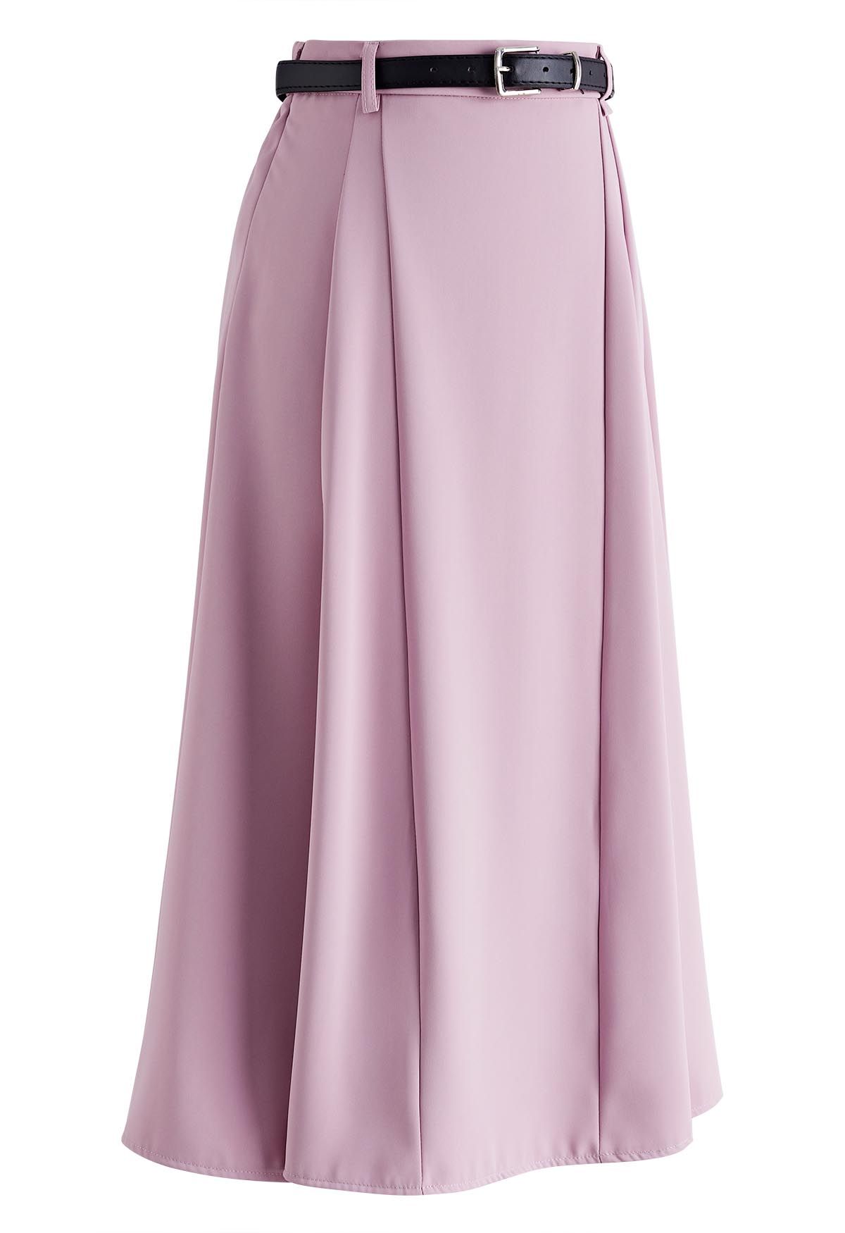 Solid Seam Detailing Belted Skirt in Lilac