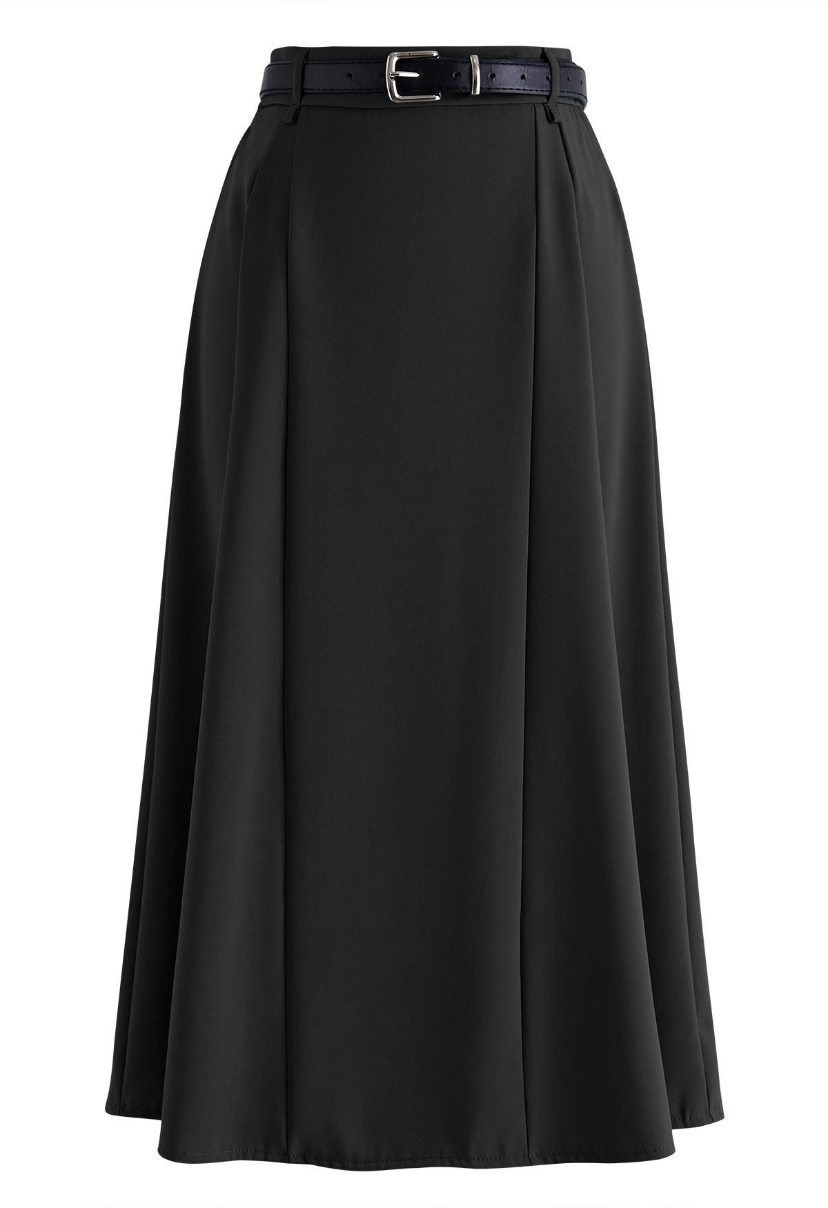 Solid Seam Detailing Belted Skirt in Black