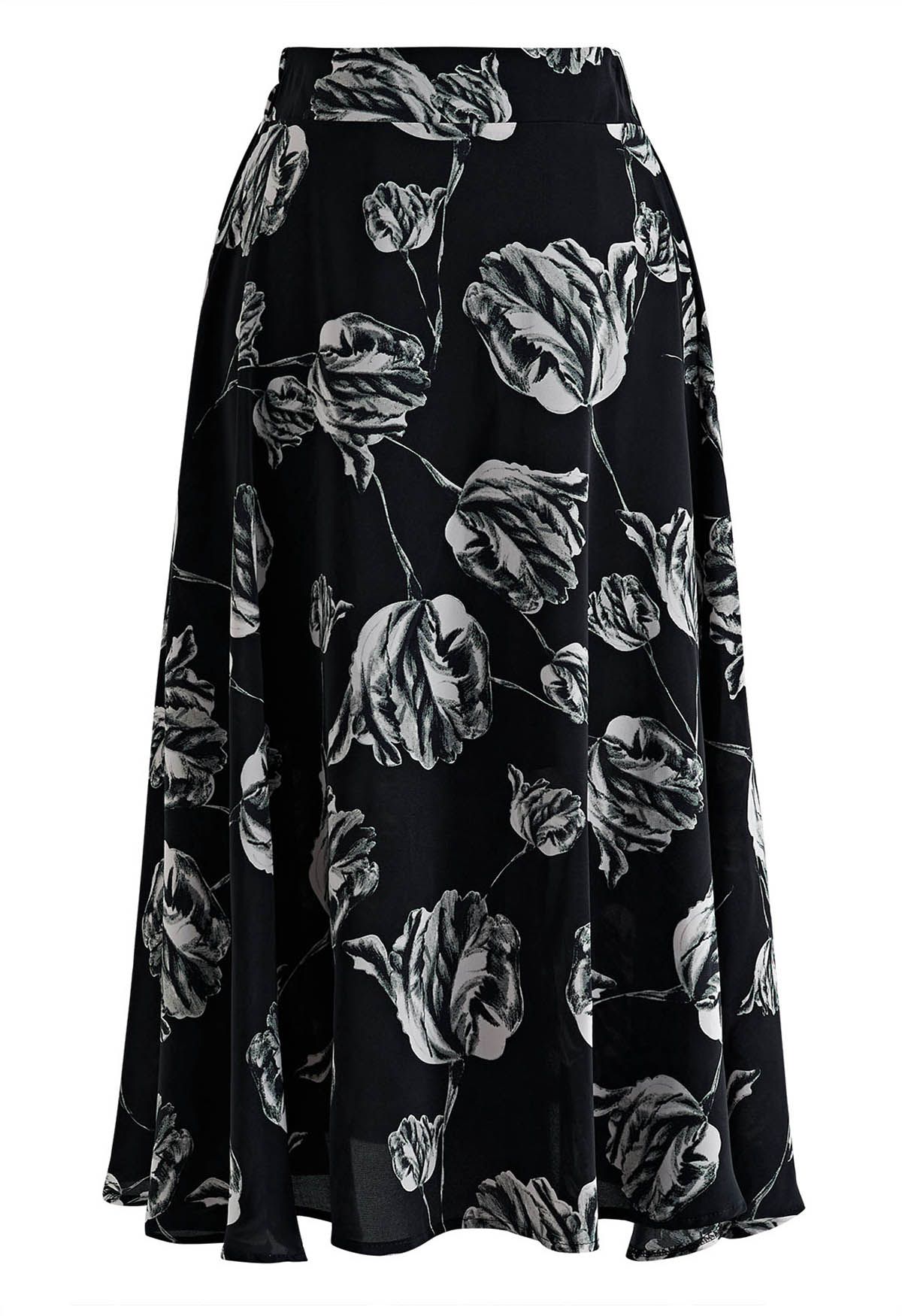 Inky Flower Print Midi Skirt in Black