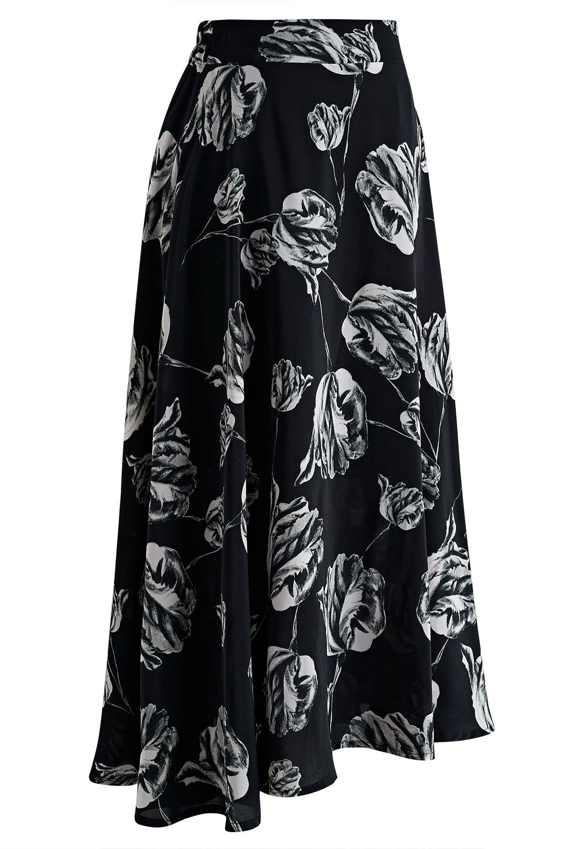 Inky Flower Print Midi Skirt in Black