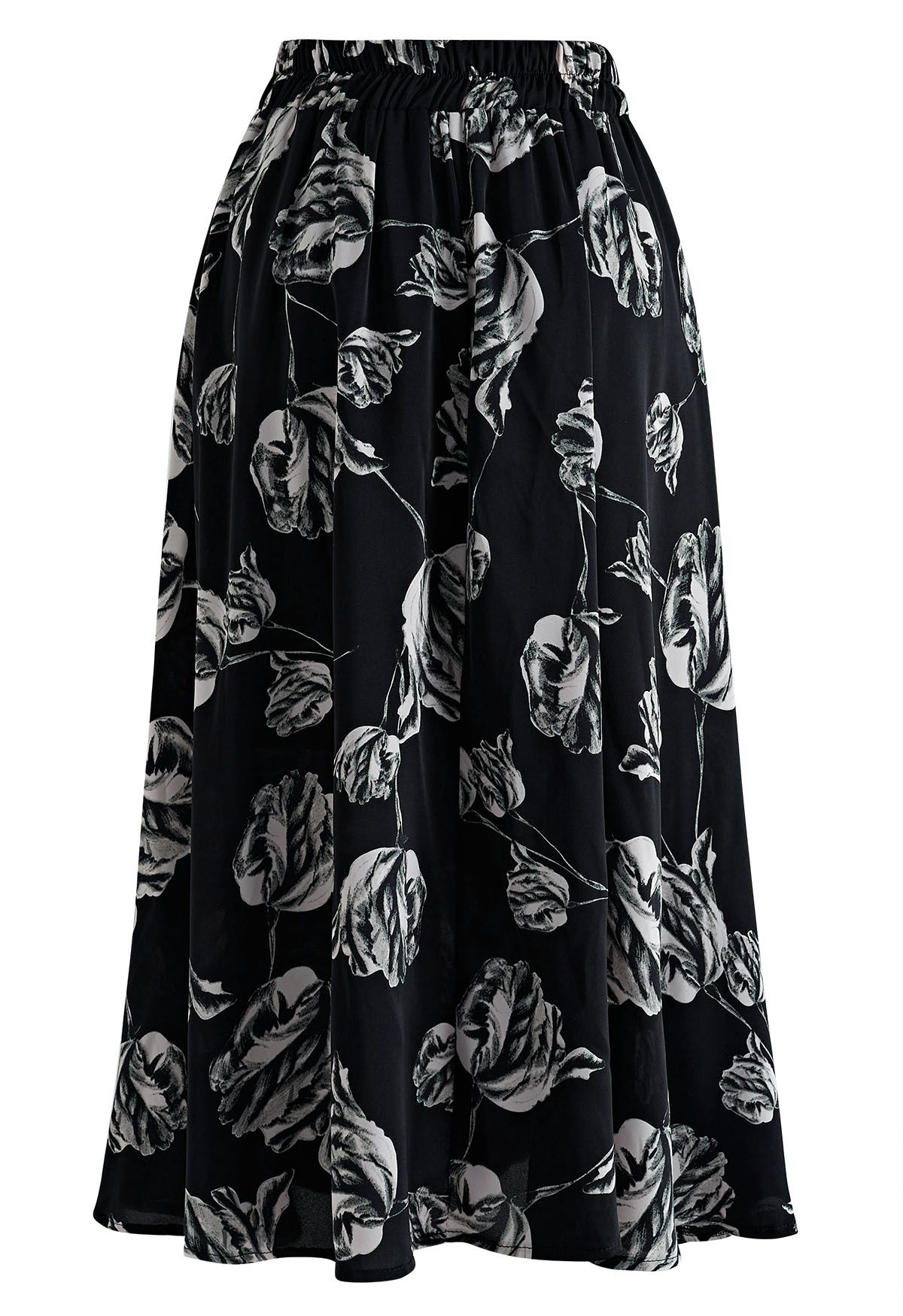 Inky Flower Print Midi Skirt in Black