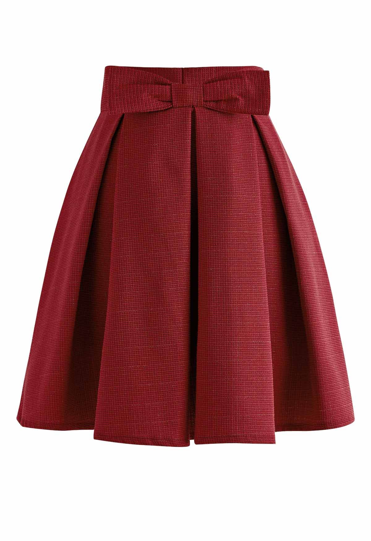 Bowknot Waist Pleated Tweed Skirt in Red