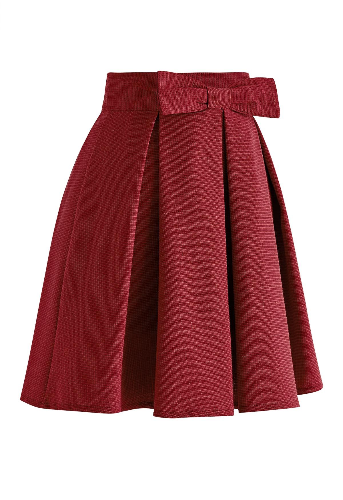 Bowknot Waist Pleated Tweed Skirt in Red