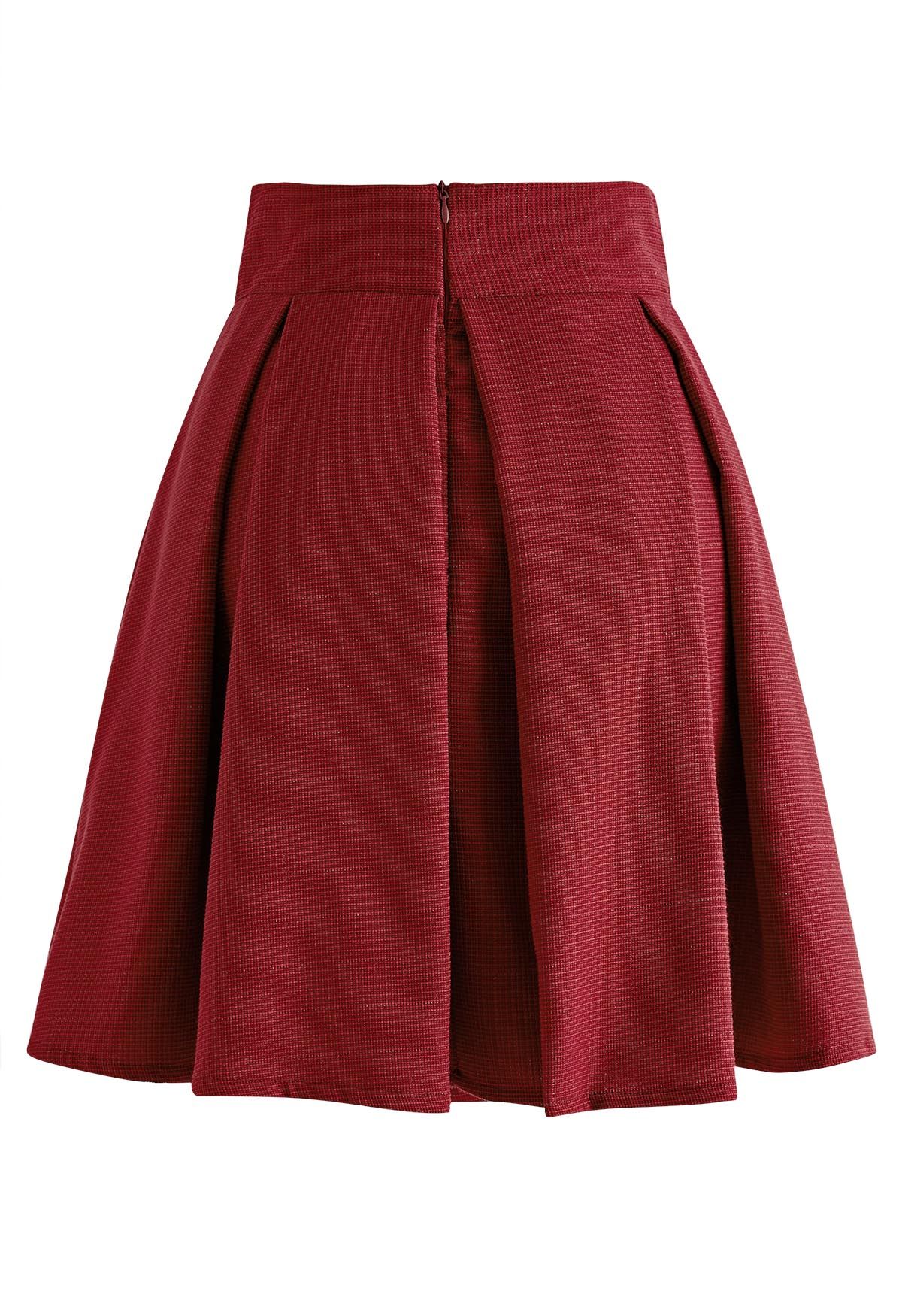 Bowknot Waist Pleated Tweed Skirt in Red