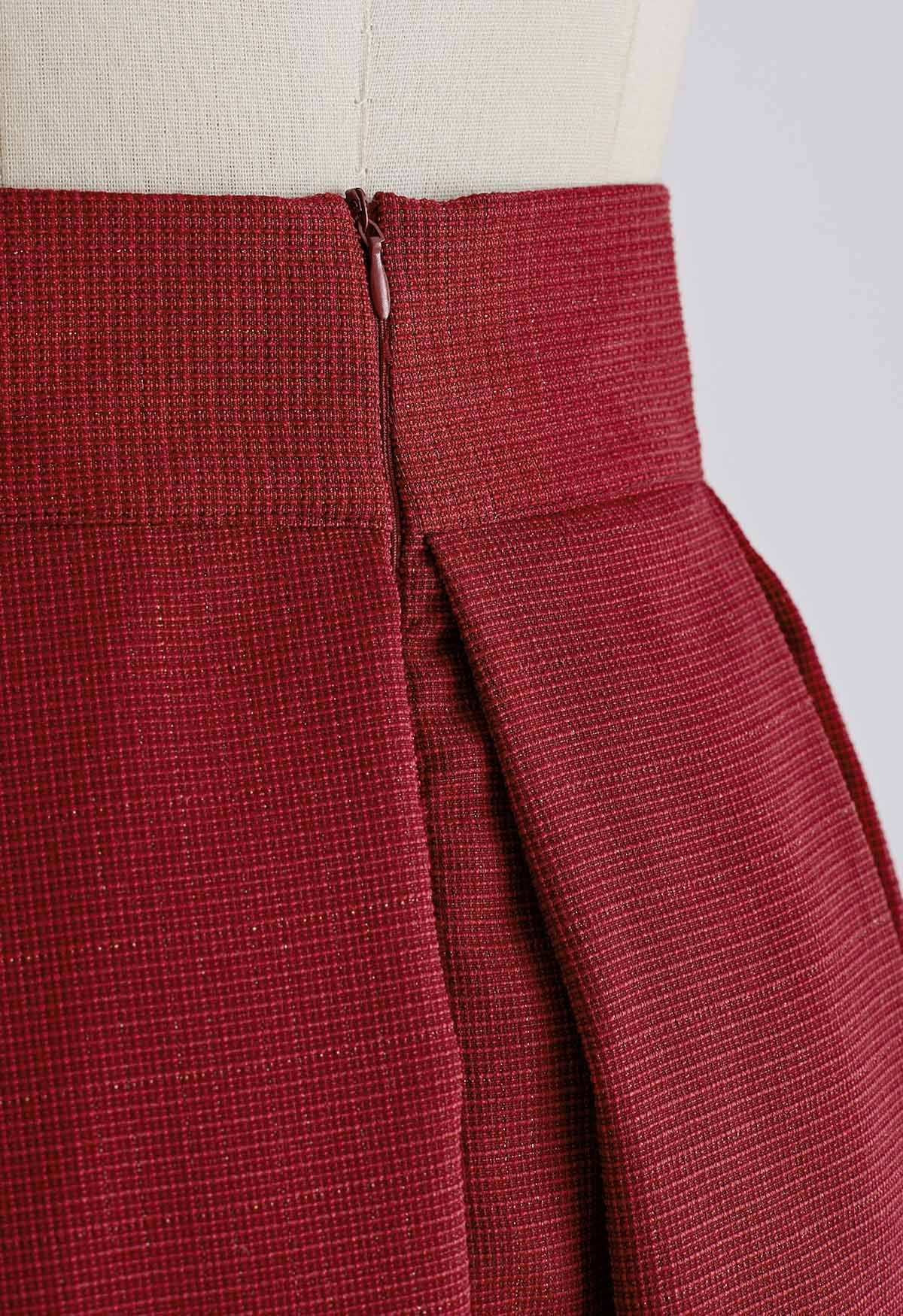 Bowknot Waist Pleated Tweed Skirt in Red