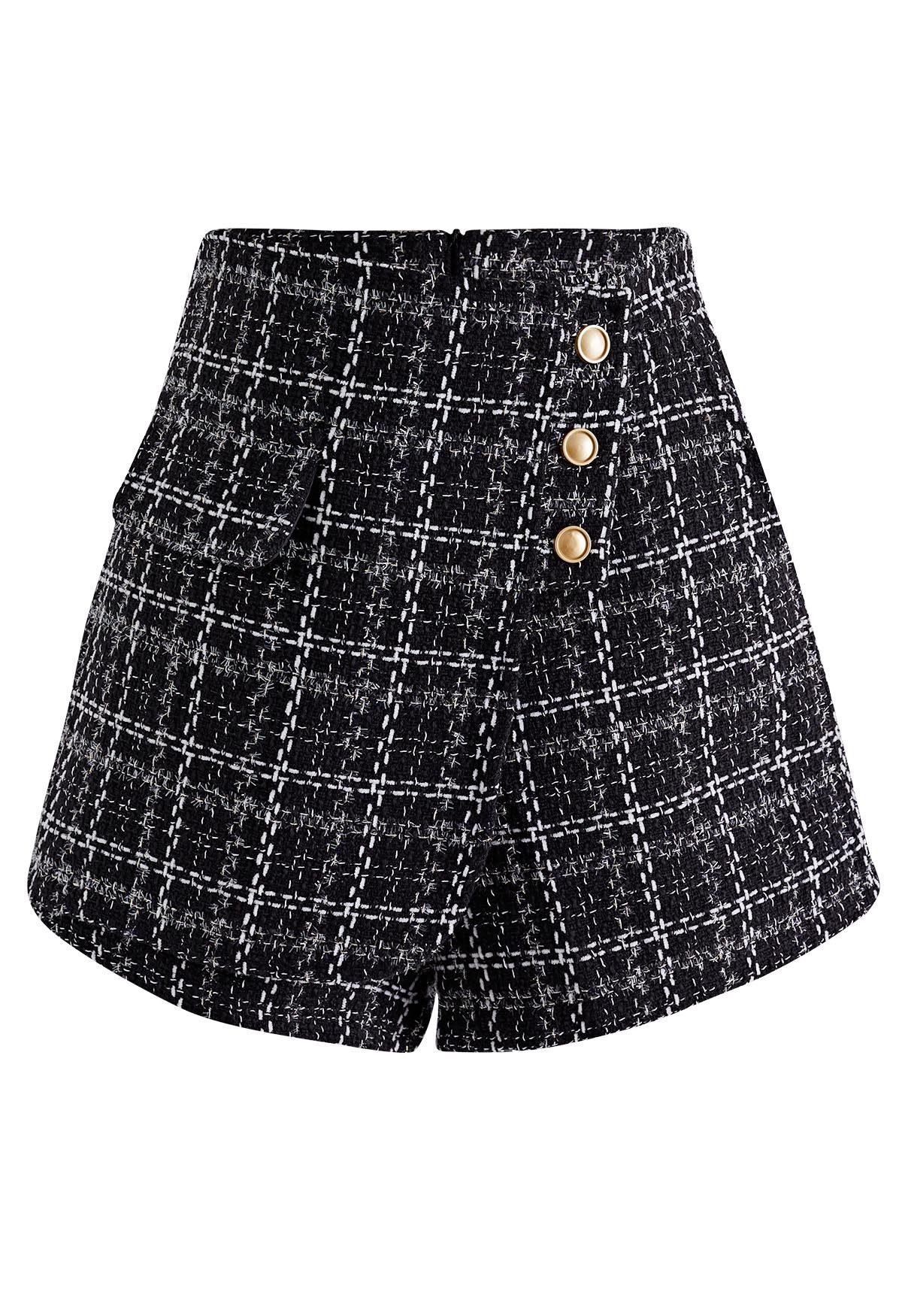 Button Trim Plaid Tweed Mini Skorts