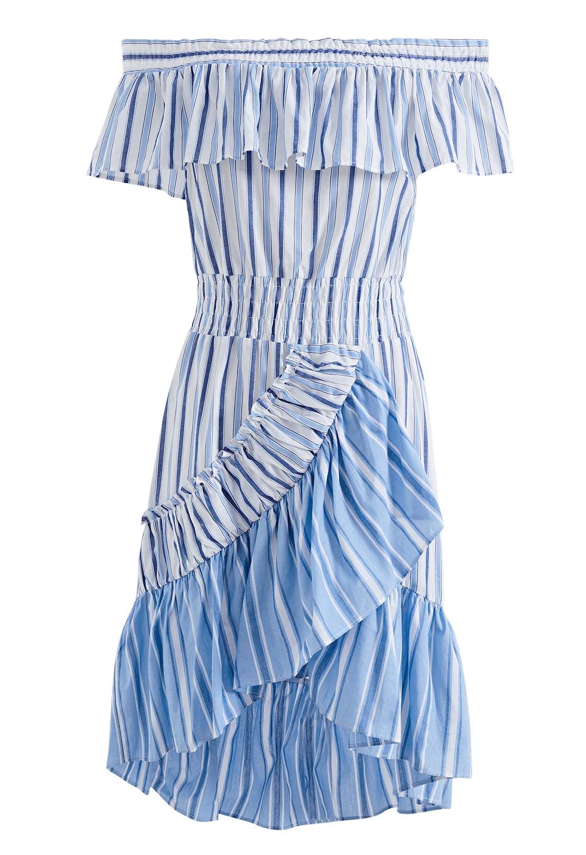 Blue Striped Off-Shoulder Ruffle Dress