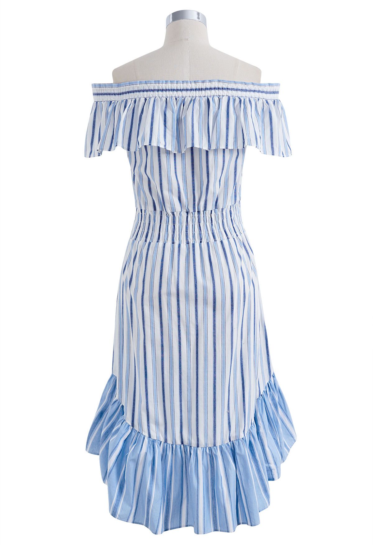 Blue Striped Off-Shoulder Ruffle Dress