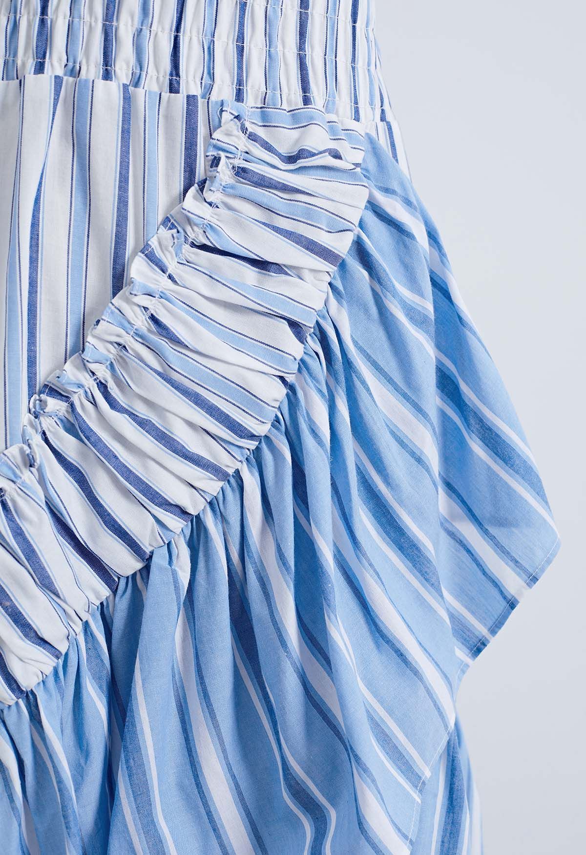 Blue Striped Off-Shoulder Ruffle Dress