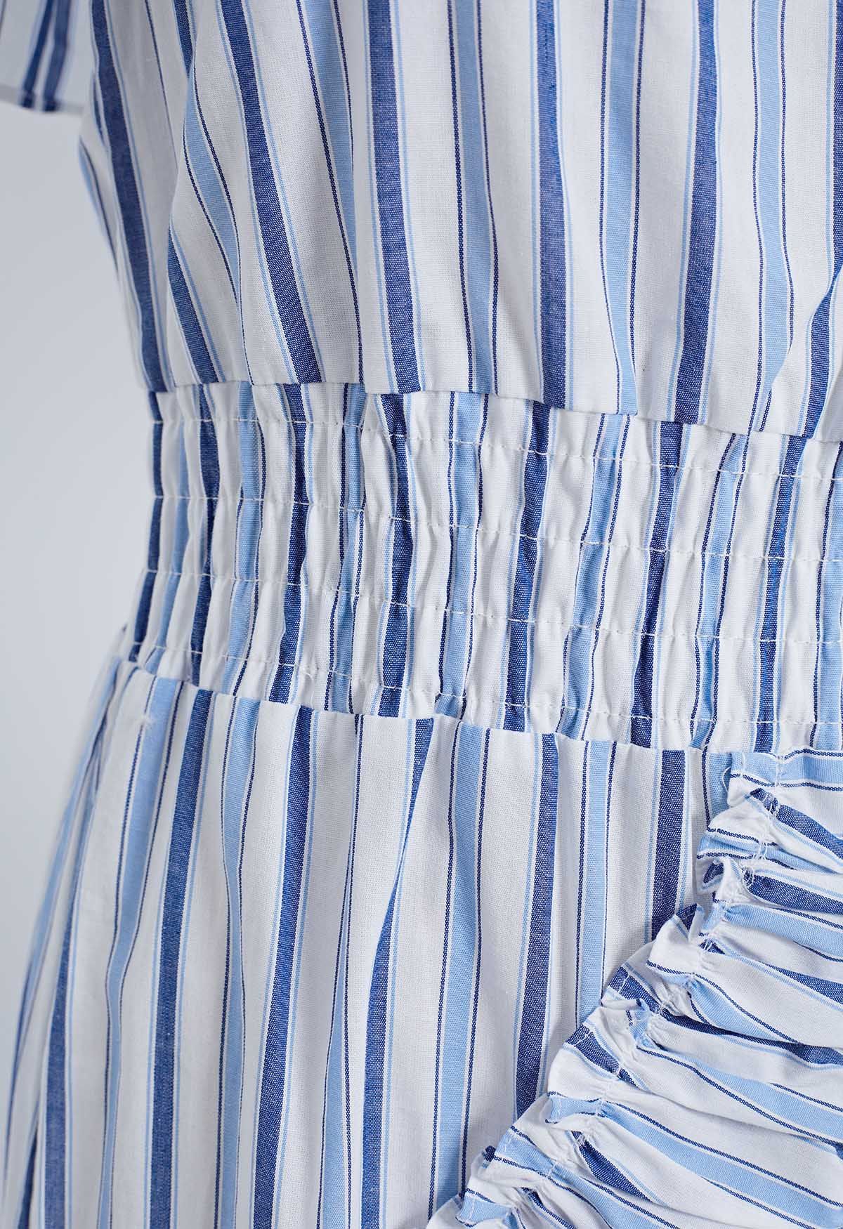 Blue Striped Off-Shoulder Ruffle Dress