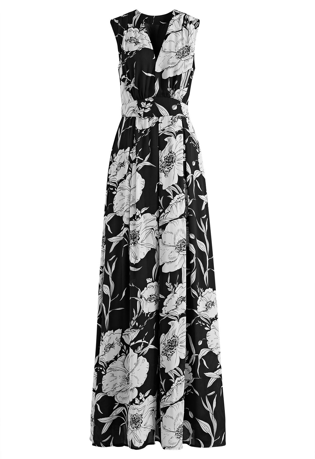 Plunging Floral Sleeveless Maxi Dress