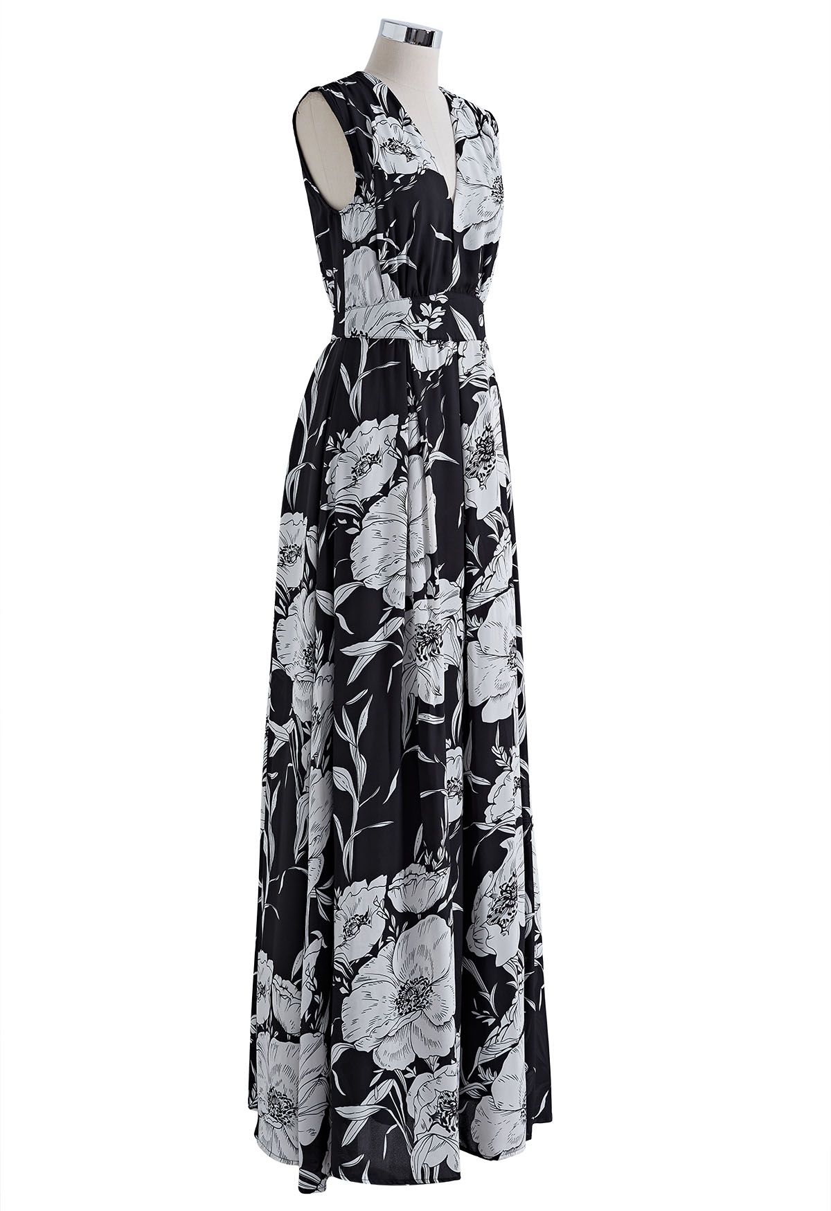 Plunging Floral Sleeveless Maxi Dress