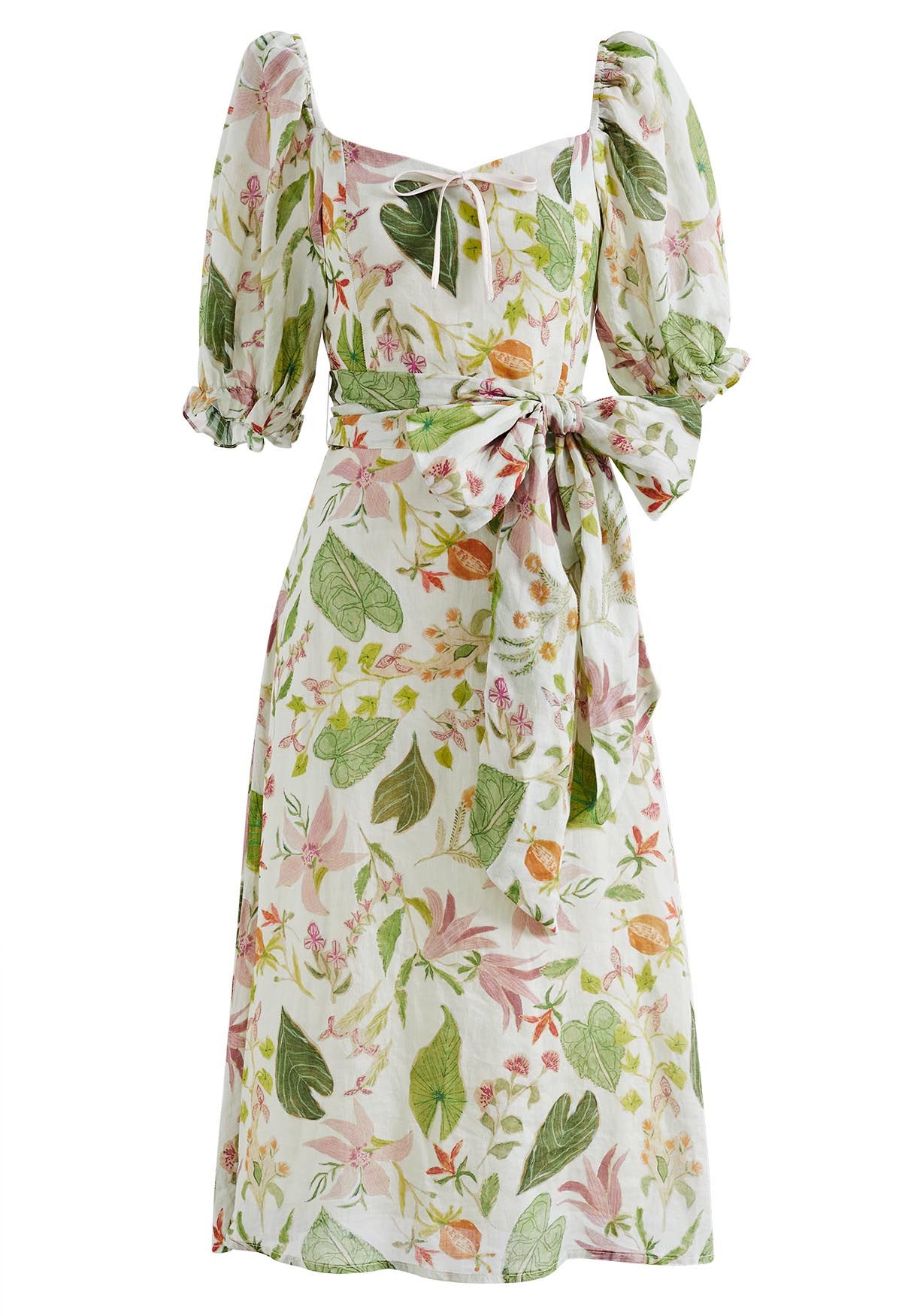 Botanical Garden Sweetheart Neck Midi Dress