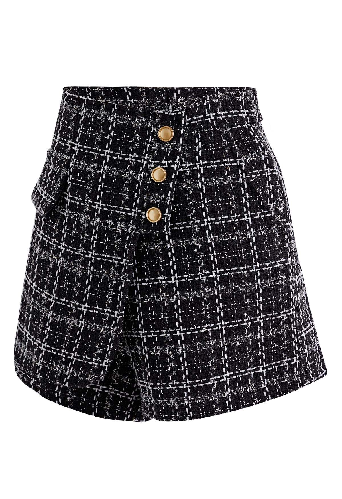 Button Trim Plaid Tweed Mini Skorts