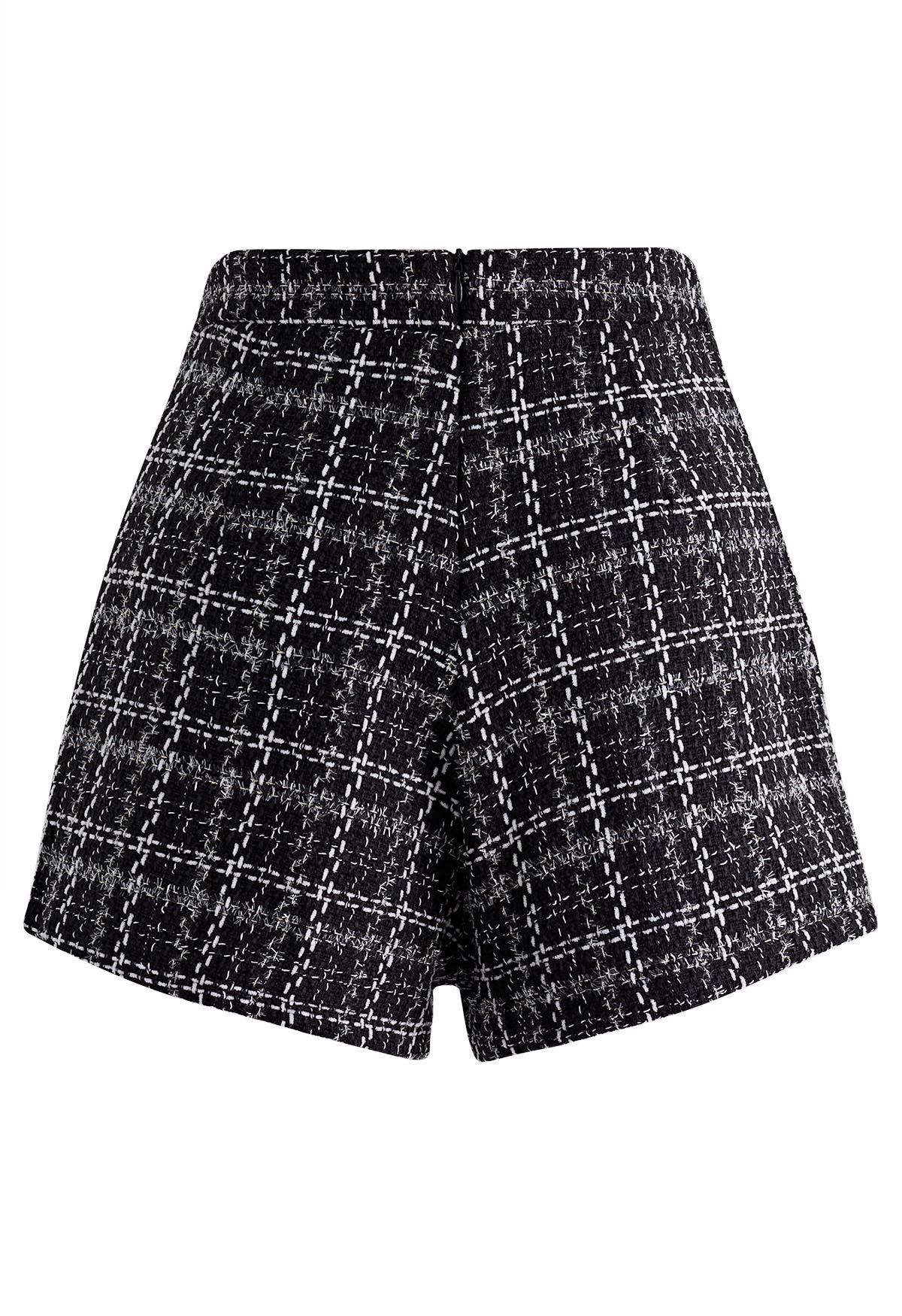 Button Trim Plaid Tweed Mini Skorts - Retro, Indie and Unique Fashion