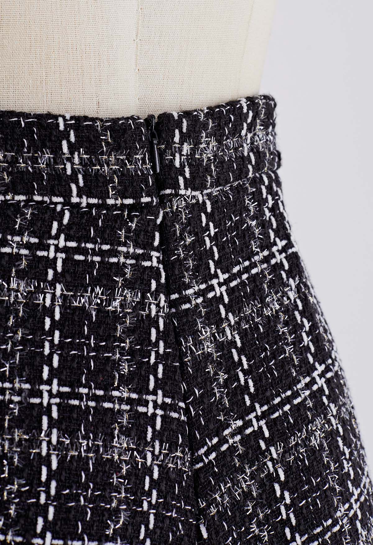 Button Trim Plaid Tweed Mini Skorts