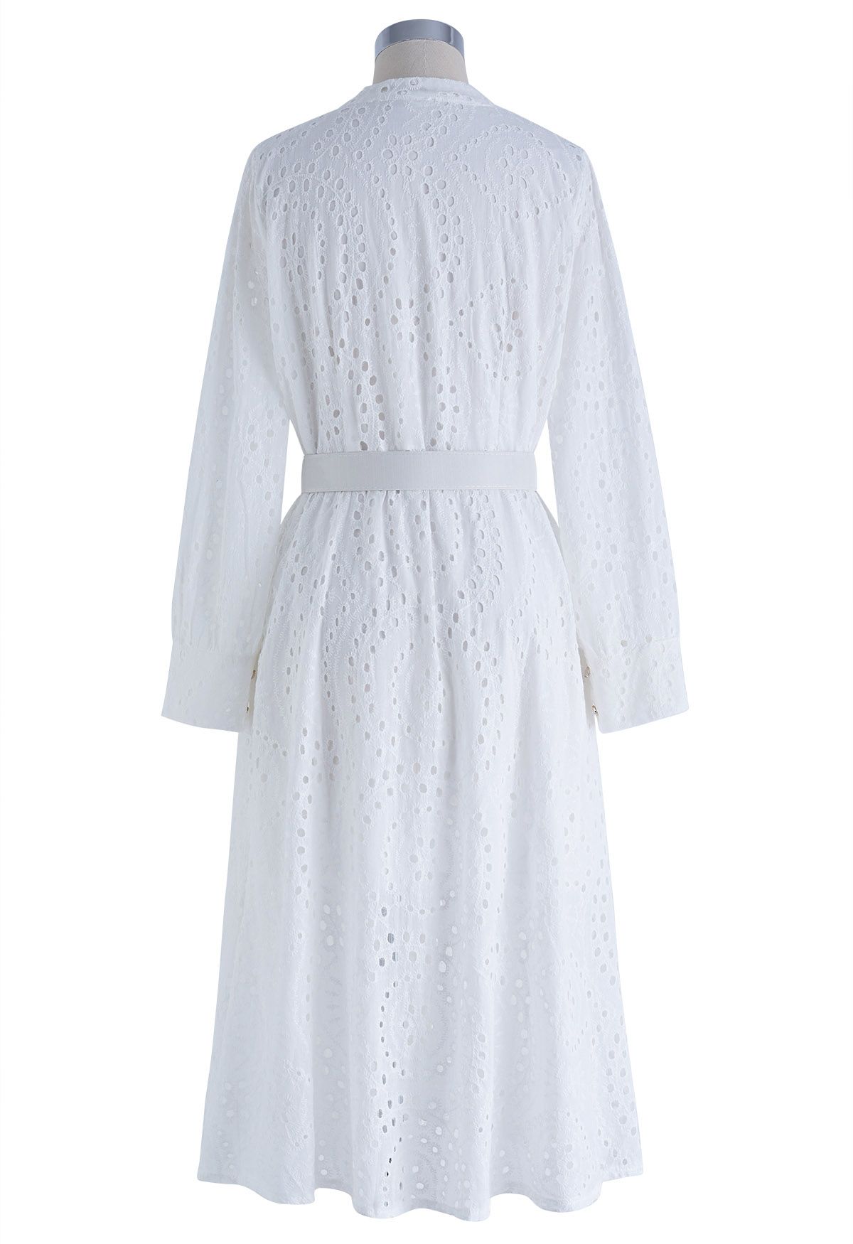 Eyelet Embroidery Button Down Belted Dress in White