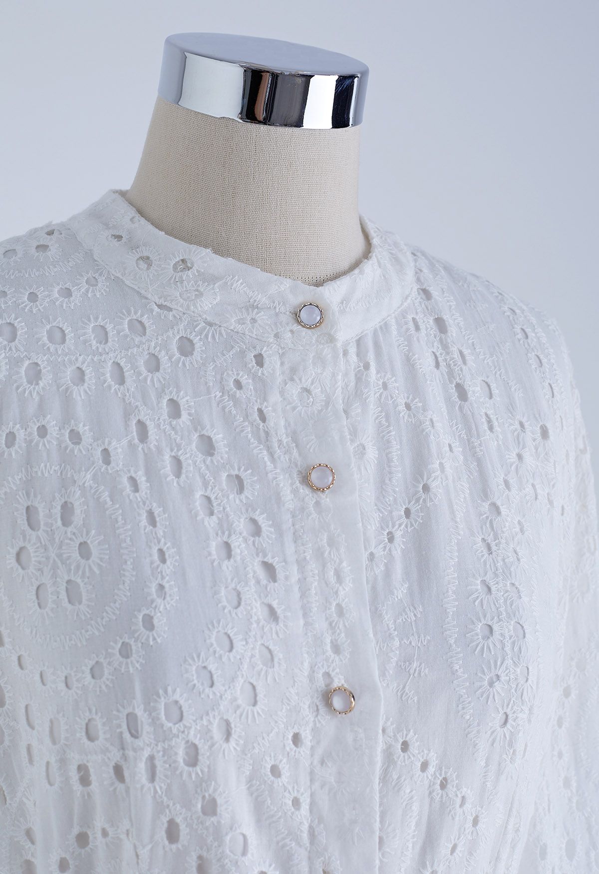 Eyelet Embroidery Button Down Belted Dress in White