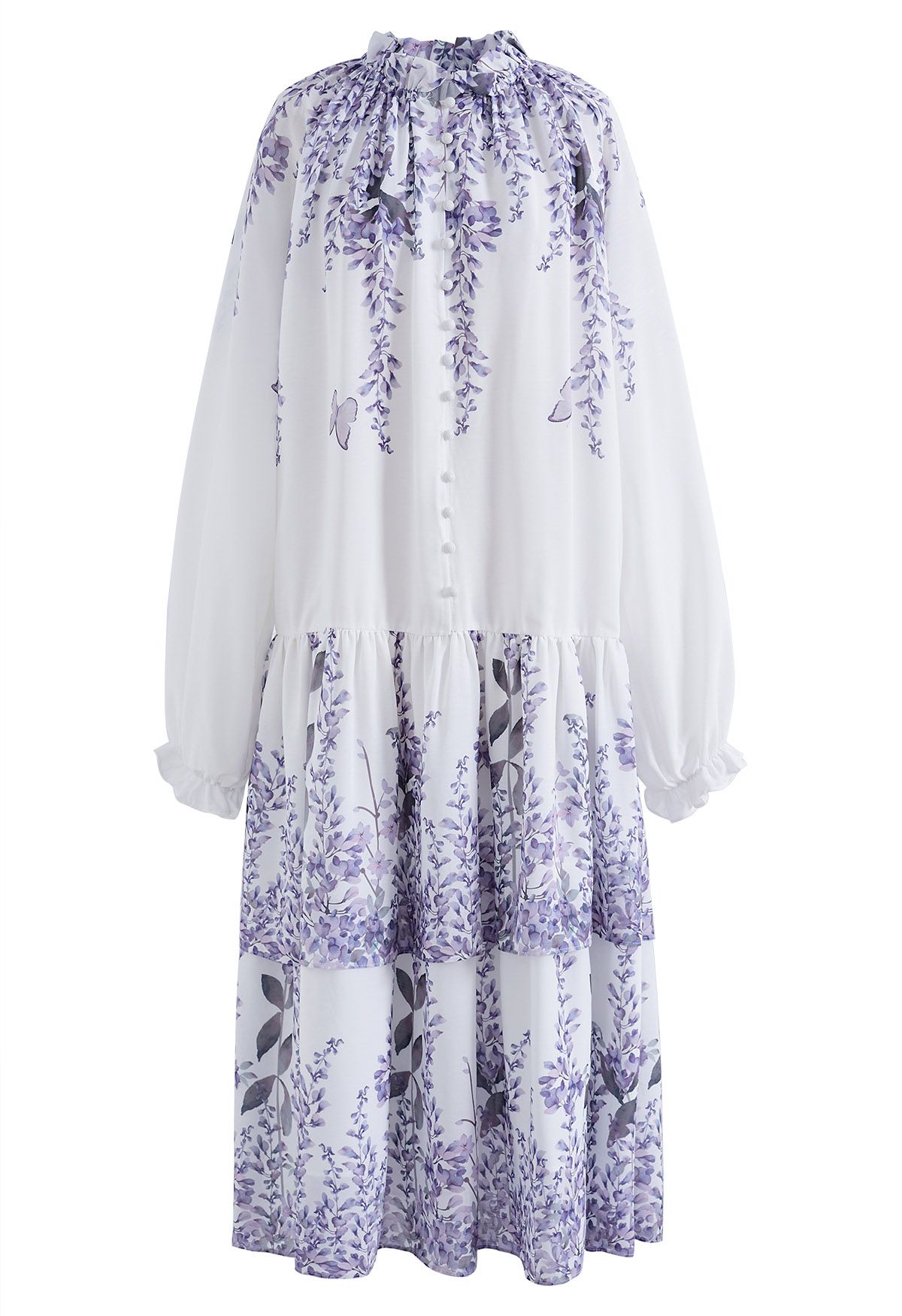 Lavender Print Bubble Sleeve Tiered Dress